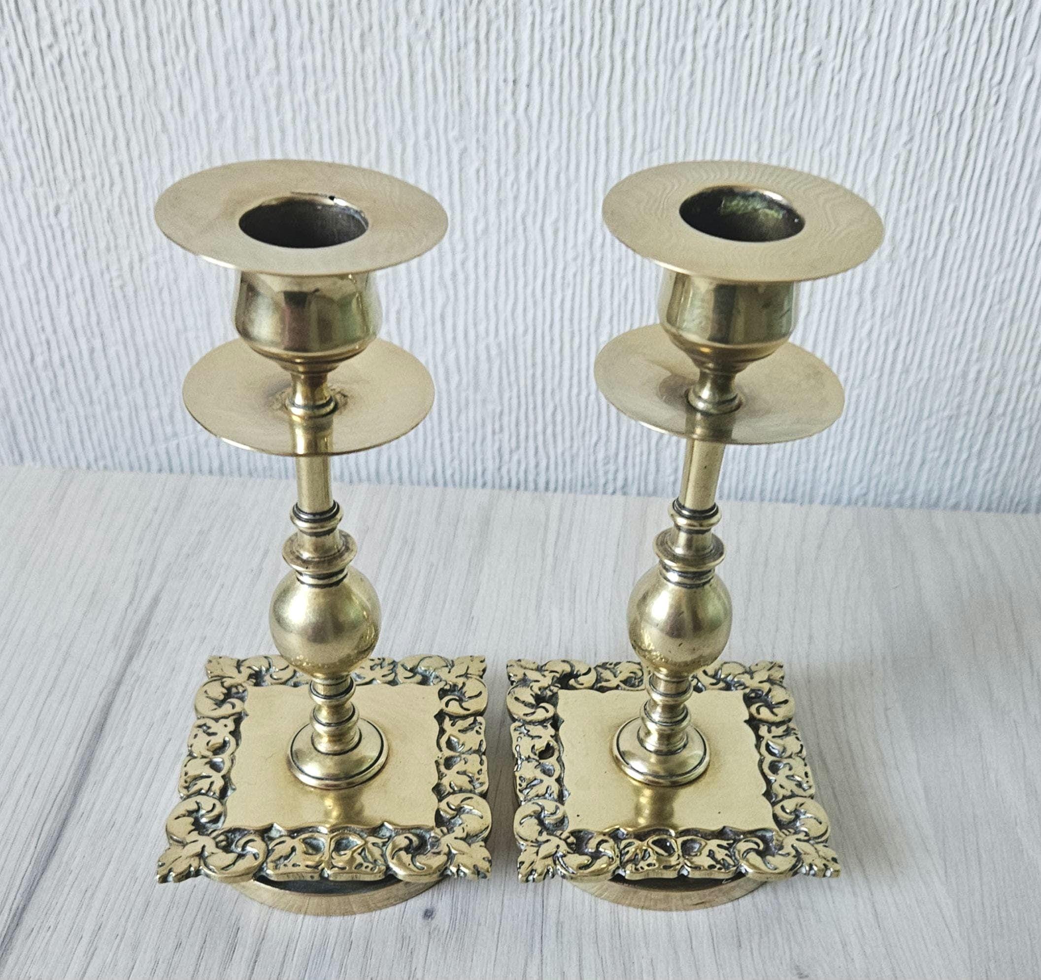 Vintage Small Ornate Brass Candlesticks Matching Pair of Gold Brass Heavy Quality 14cm Tall