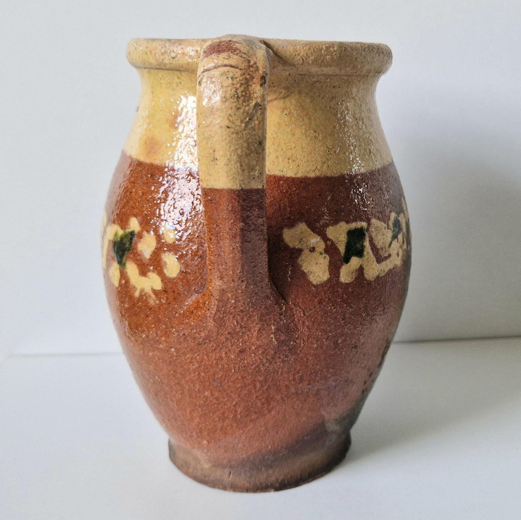 Antique Rustic Hungarian Decorated Glazed Earthenware Milk Pitcher Jug