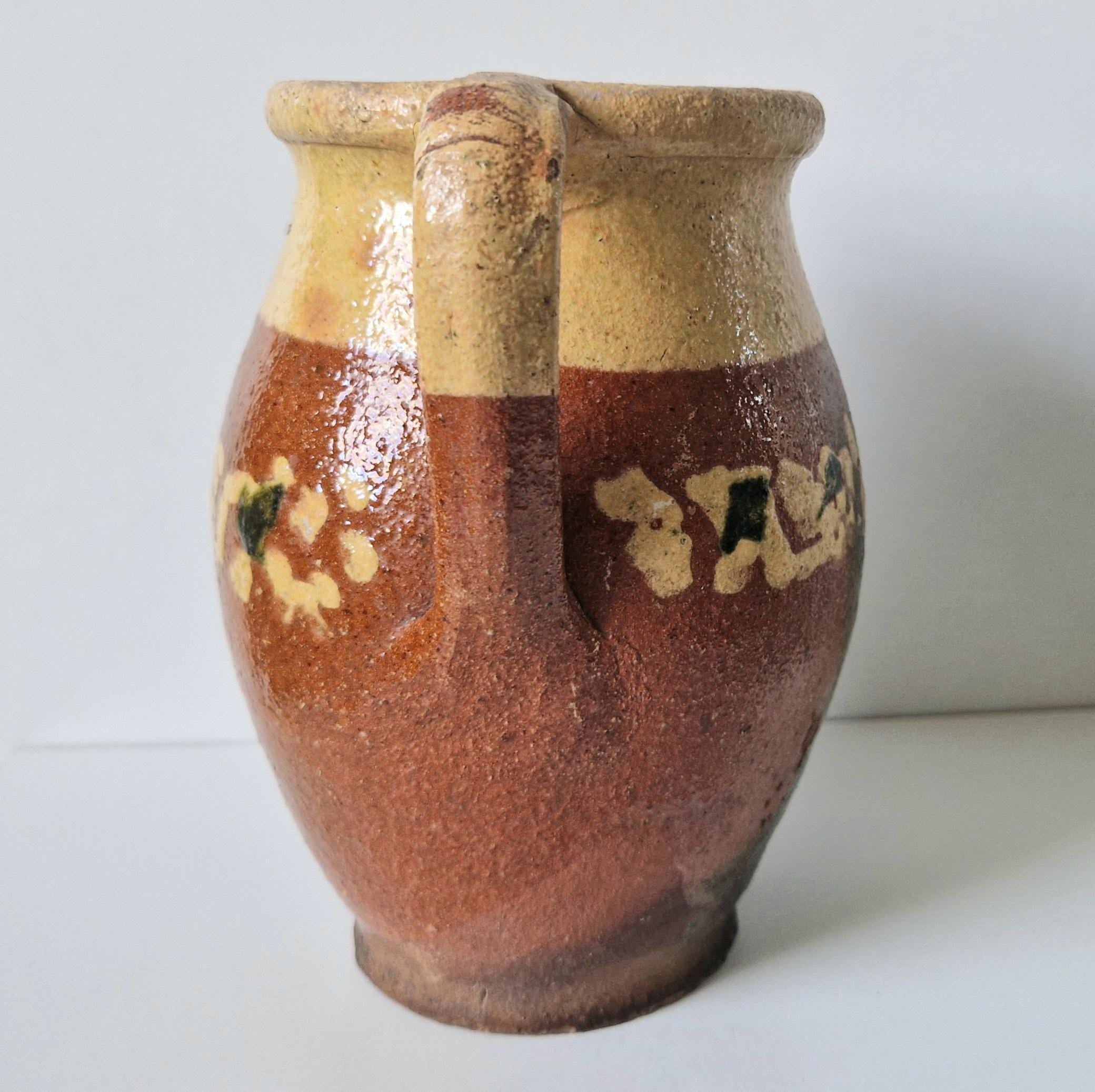 Antique Rustic Hungarian Decorated Glazed Earthenware Milk Pitcher Jug