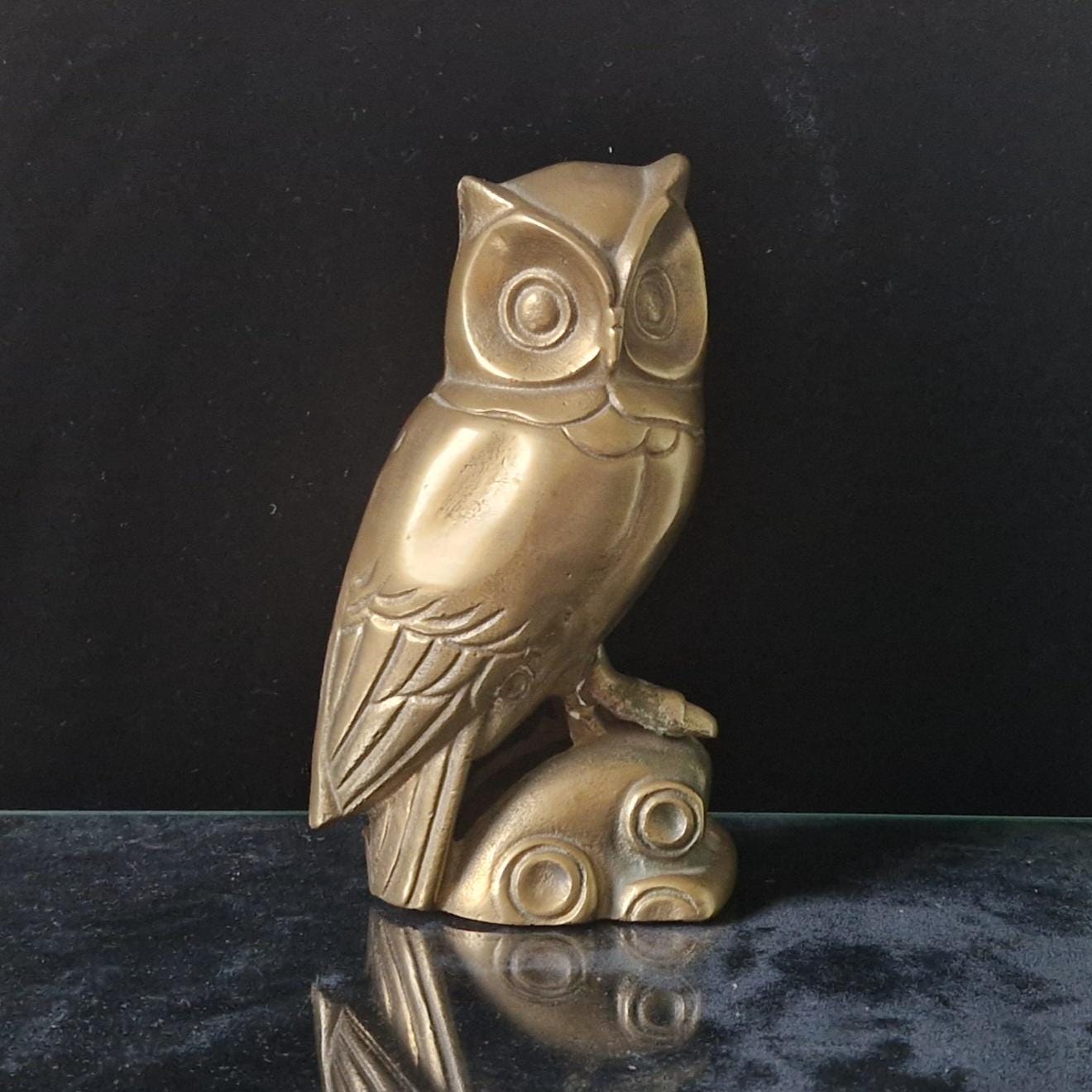 Vintage Heavy Mcm Cast Brass Owl Figure Ornament Scandi Style 16cm Tall Unpolished