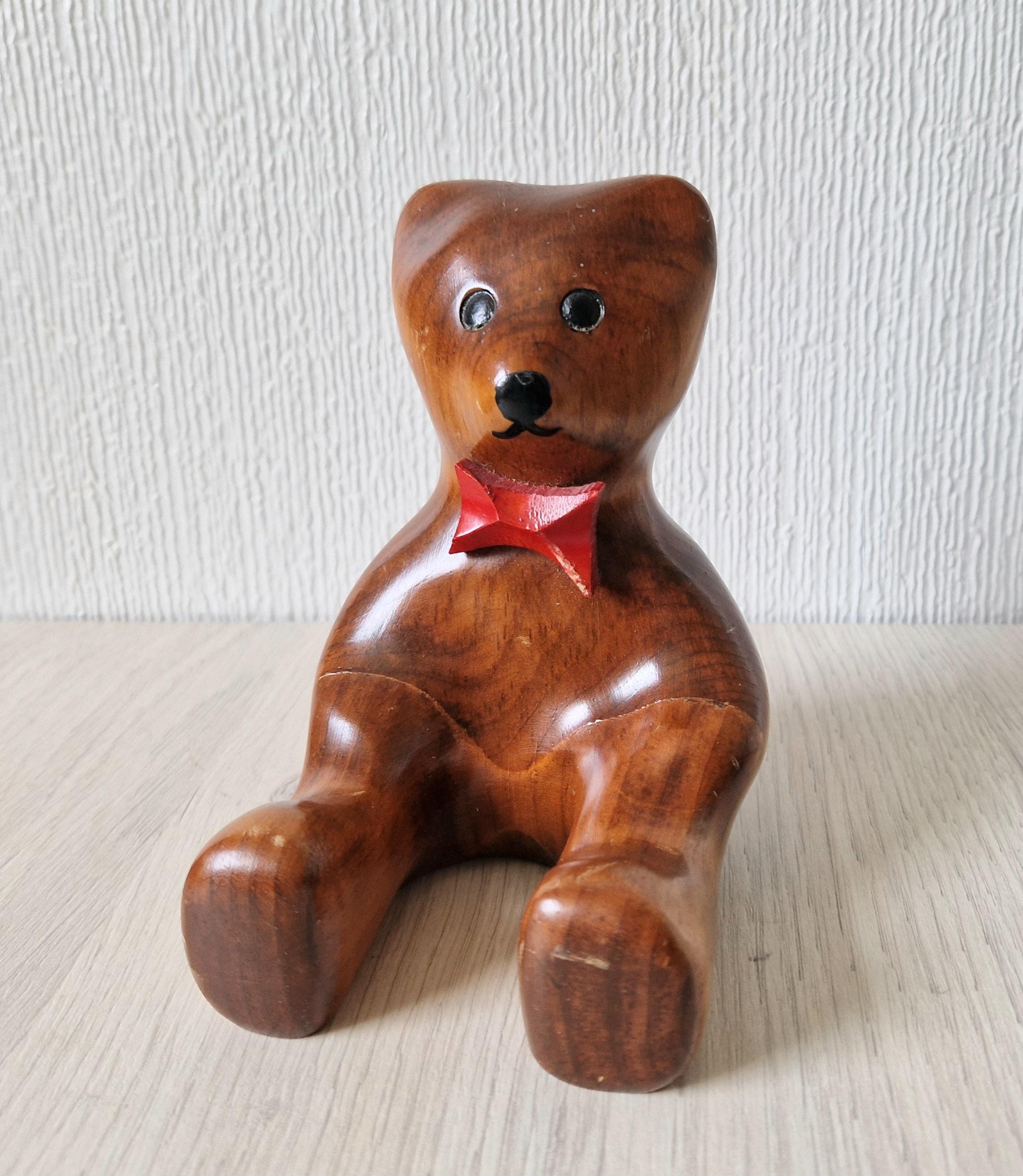 Vintage Stylised Carved Plum Wood Teddy Bear Figure 14cm