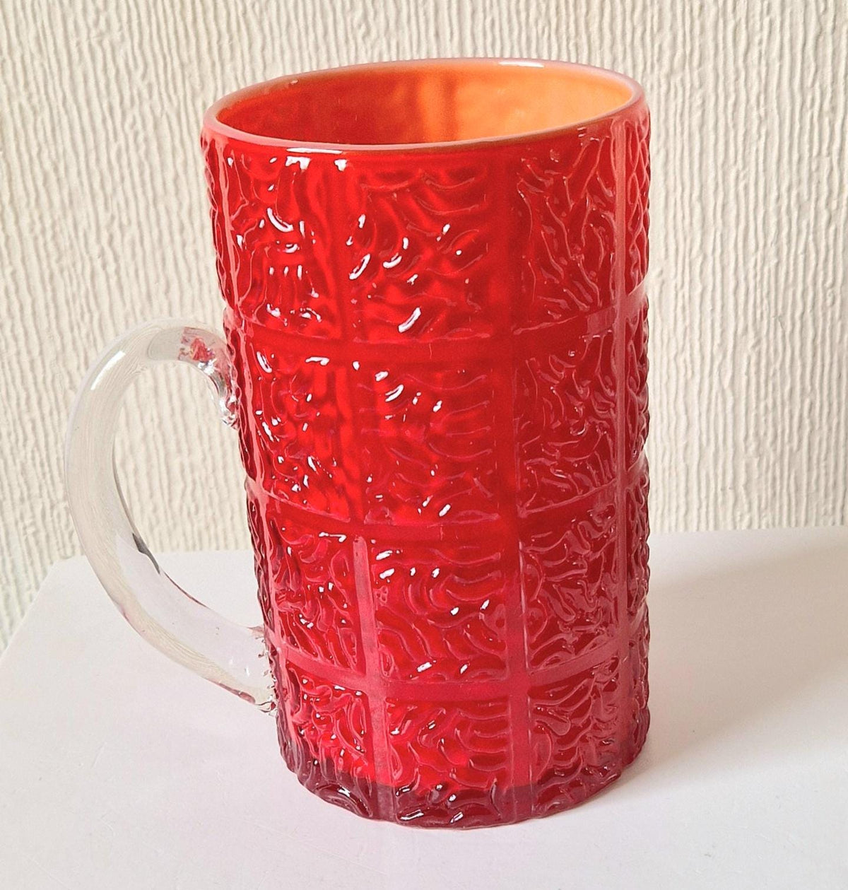 Large Bright Red Textured Cased Glass Tankard Rare Mid-Century Vintage Heavy Glass