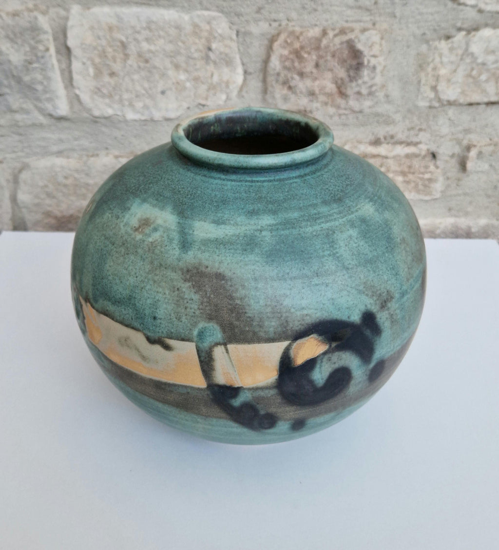 Large Vintage Raku Studio Art Pottery Aqua Glaze Globe Vase Signed