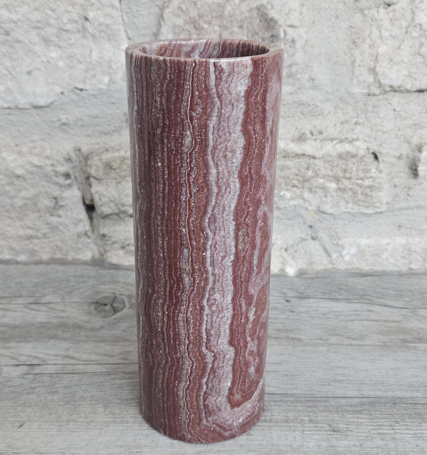 Vintage Red Onyx Marble Vase Cylinder Shape 19.5cm Tall