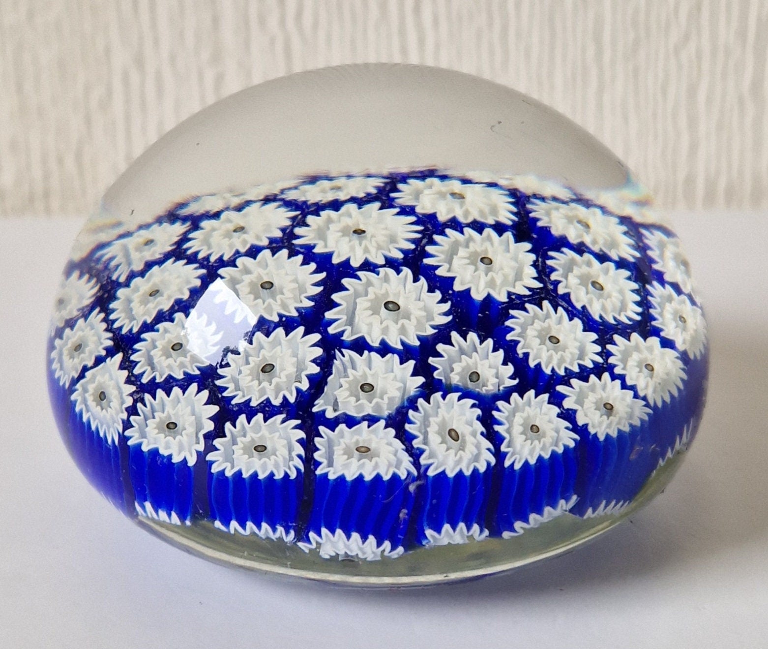 ALT Studio Murano Glass Deep Blue & White Star Flower Millifiore Paperweight