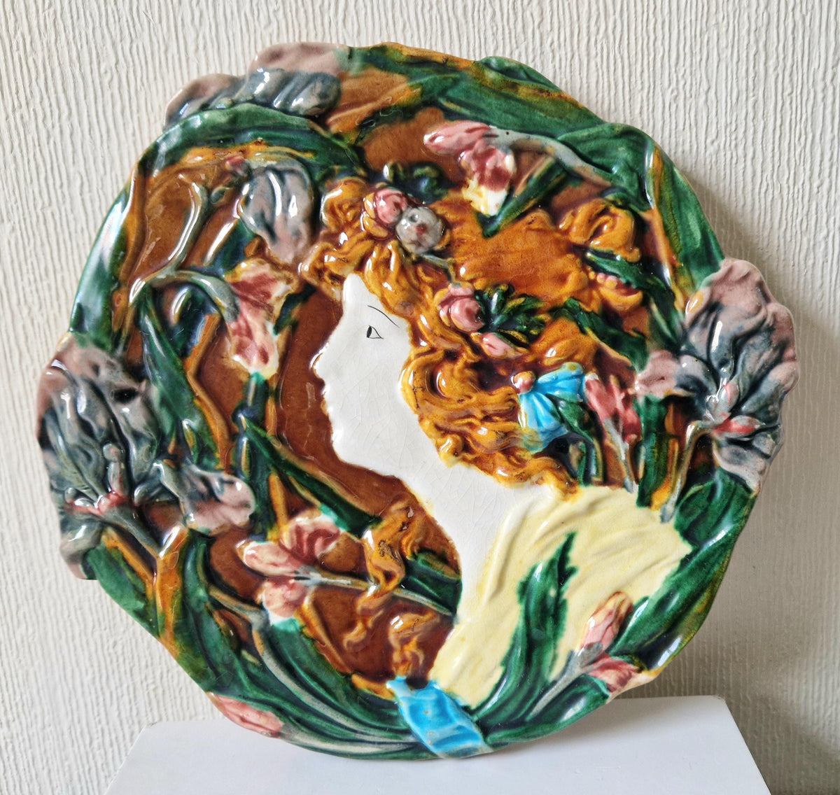 Antique Majolica Floral Yellow Dress Lady Handpainted Art Nouveau Ceramic Wall Plaque Roundel