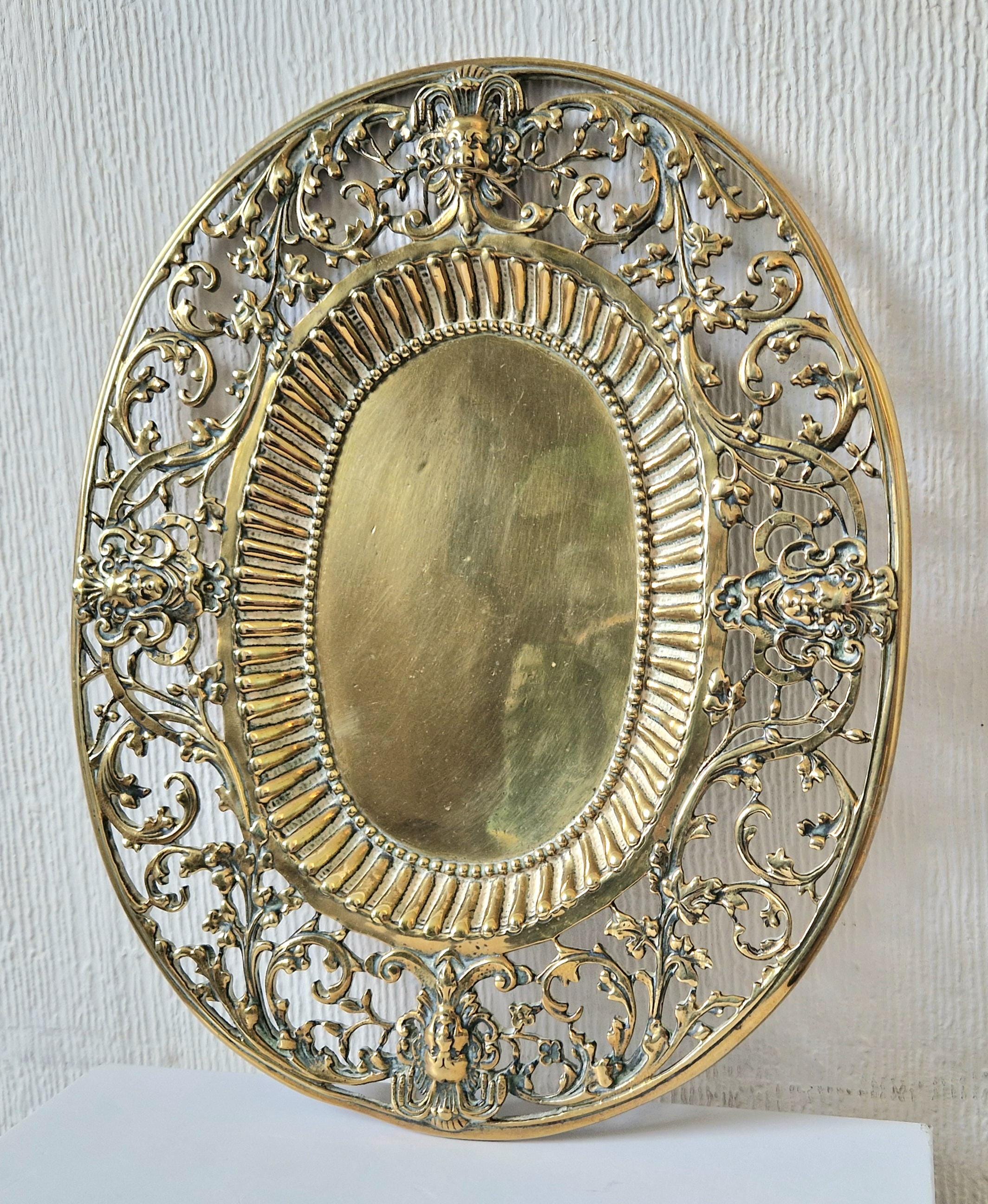 Antique Ornate Heavy Cast Brass Pierced Work Beaded & Ribbed Oval Baroque Card Platter Plate