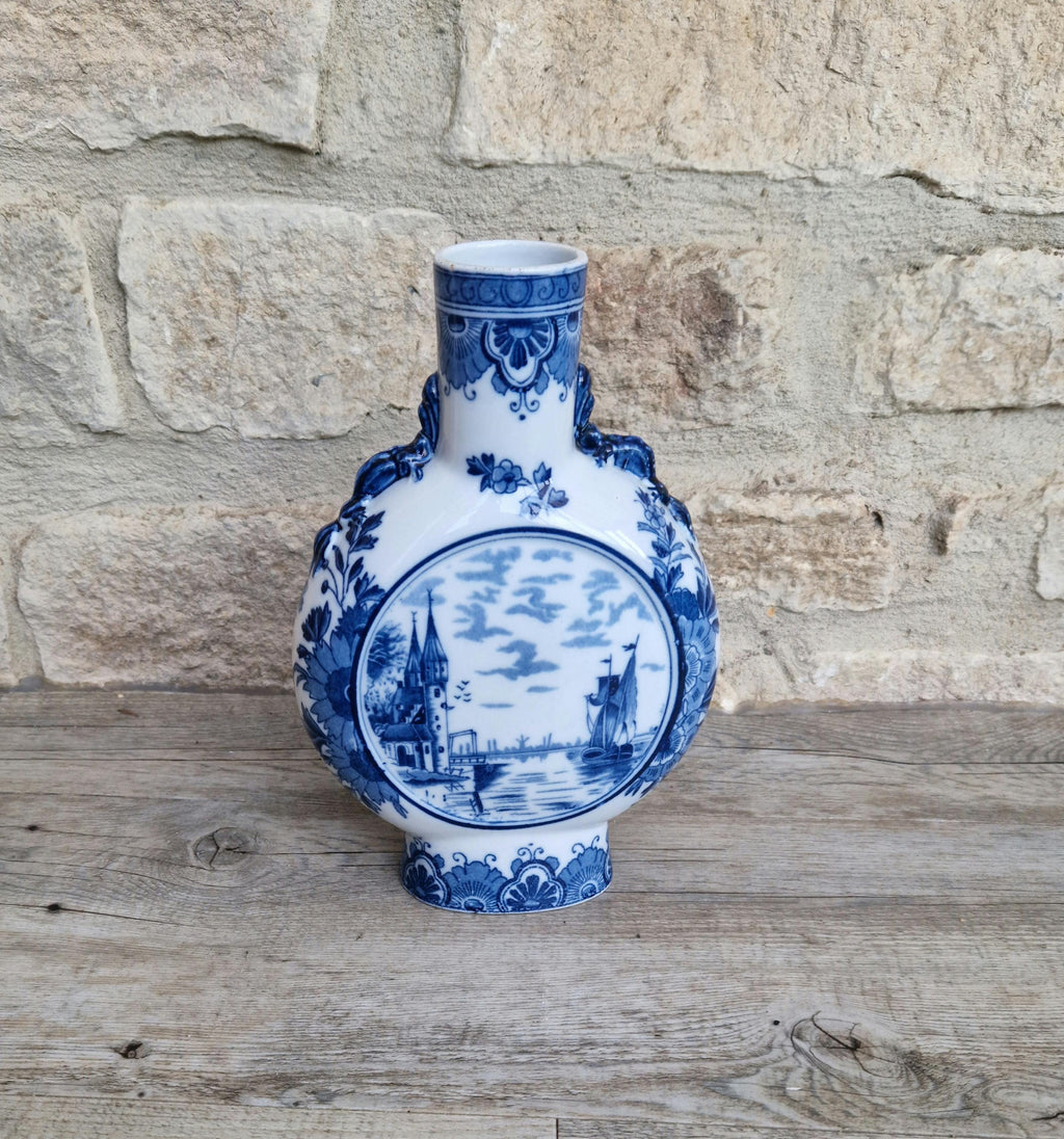 Vintage Dutch Delft Pottery Blue & White Moon Flask Vase River Scene 23cm