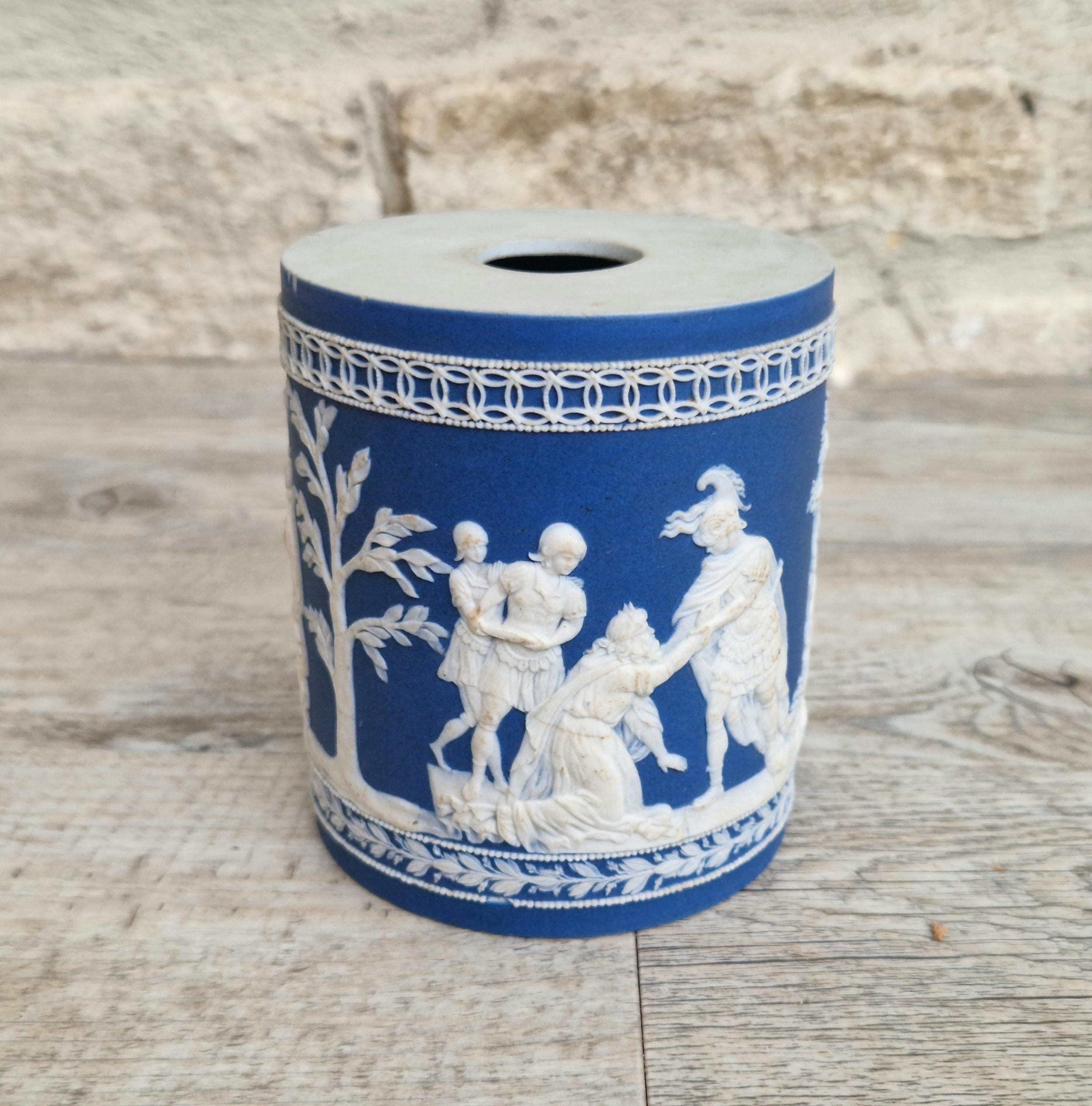 Antique Late 18th-Early 19th C. William Adams Jasperware Neoclassical Blue Sprigged Drum Vase Base