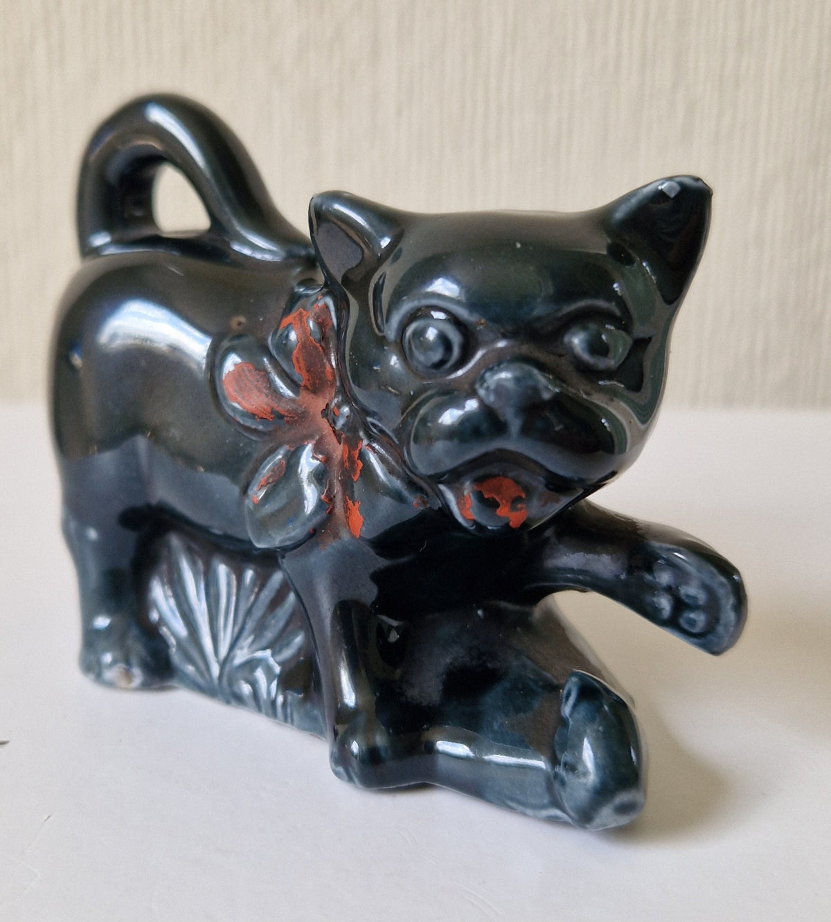 Rare Antique Glazed Pottery Dog Table Match Holder Strike Underglaze Inscription