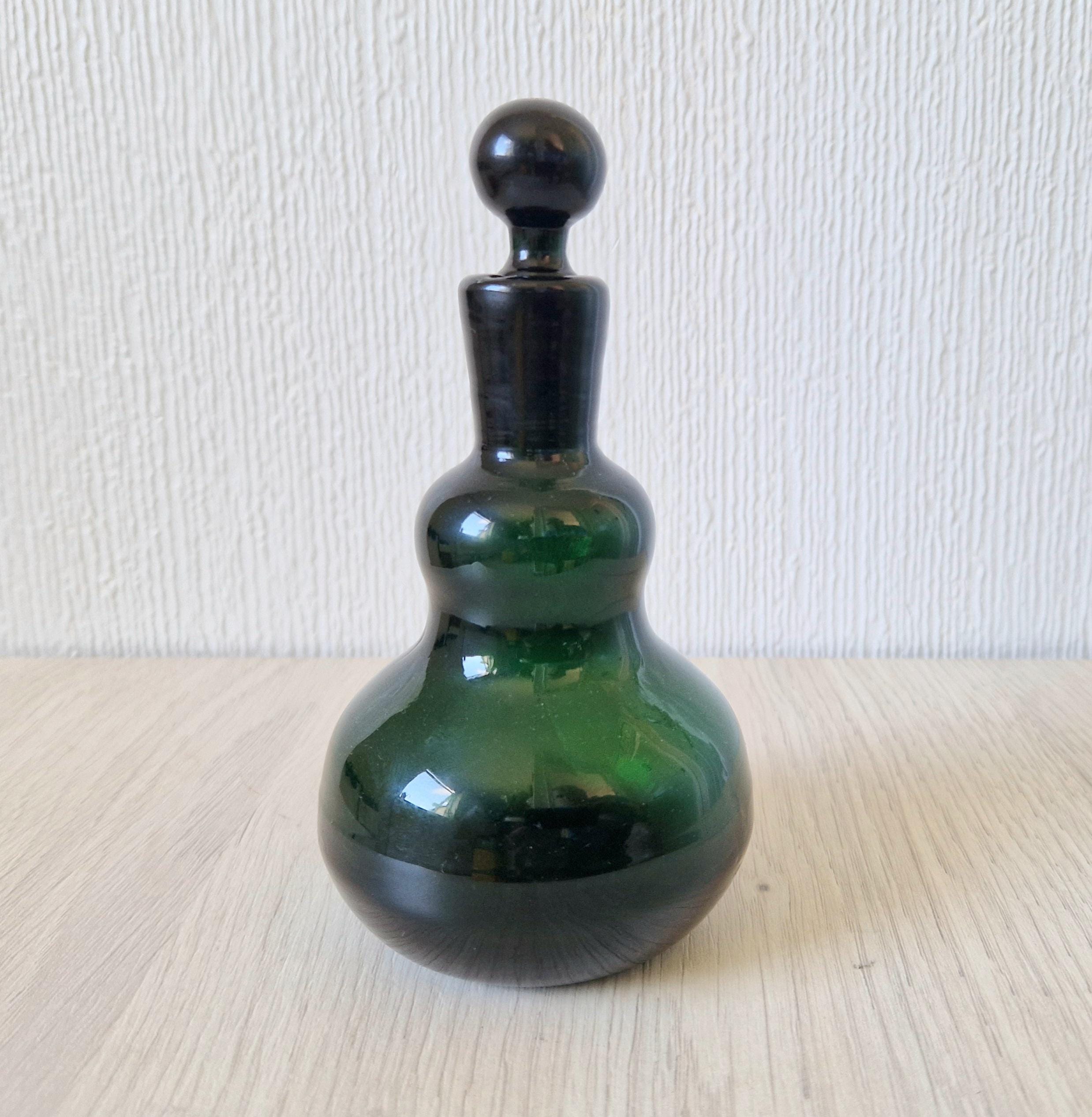 Antique Hand-Blown Dark Green Glass Small Gourd Bottle & Stopper 15cm