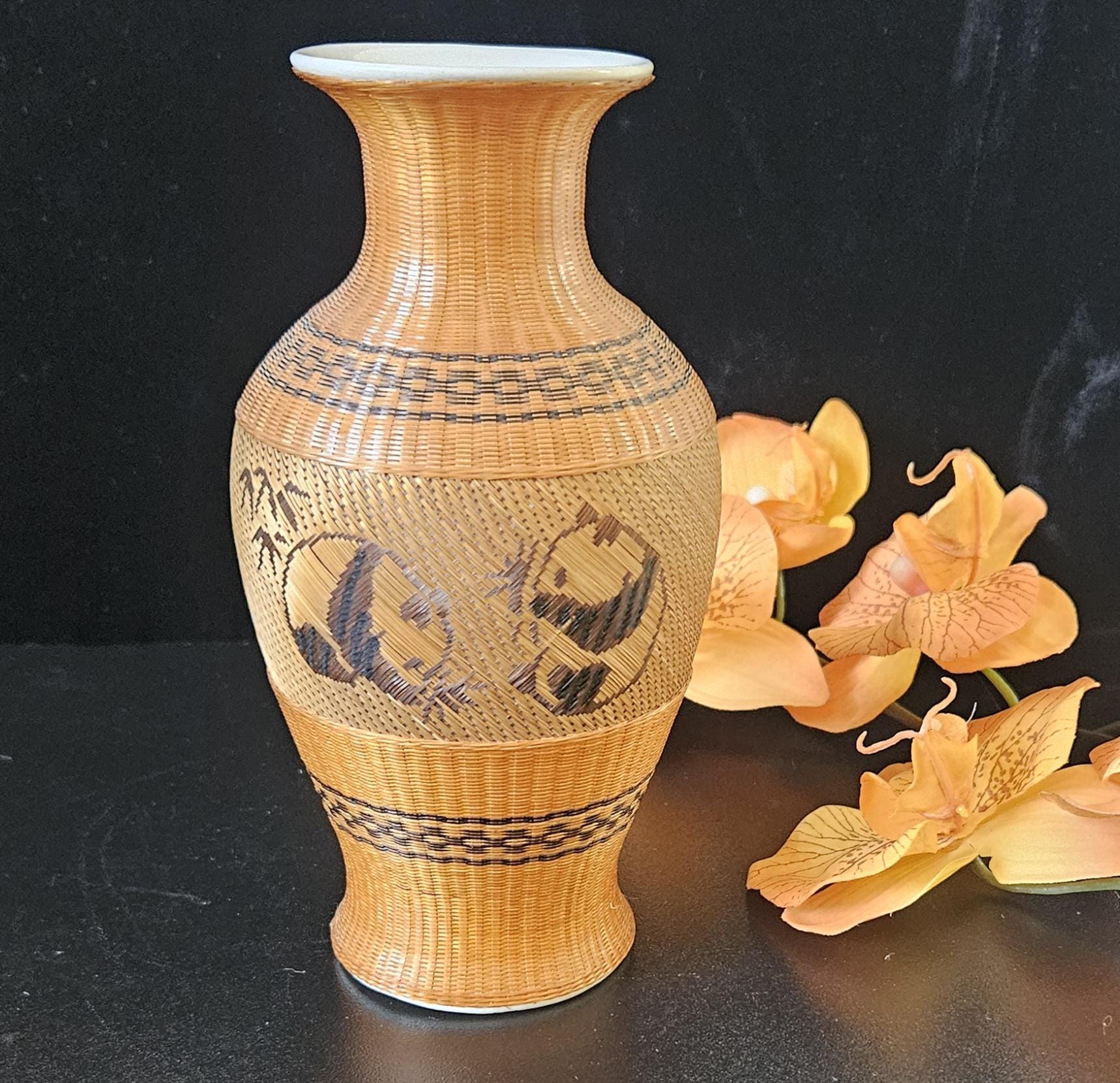 Vintage Chinese Vase Bamboo Wrap Porcelain Panda Artwork Flower Vase Decorative.