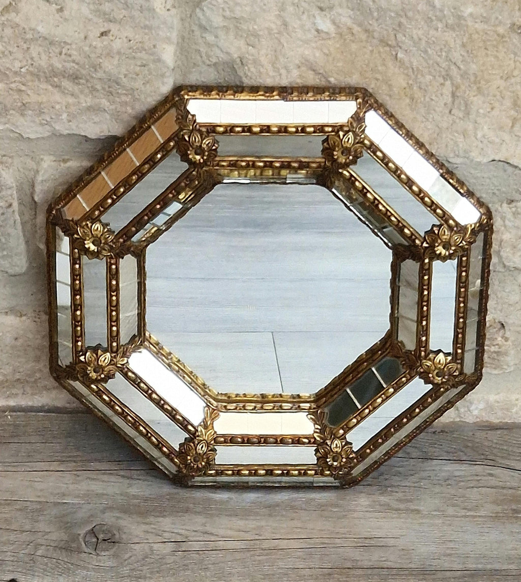 Vintage Small Octagonal Venetian Mirror Hollywood Regency Brass Floral Accents 29.5cm Italy 1970s