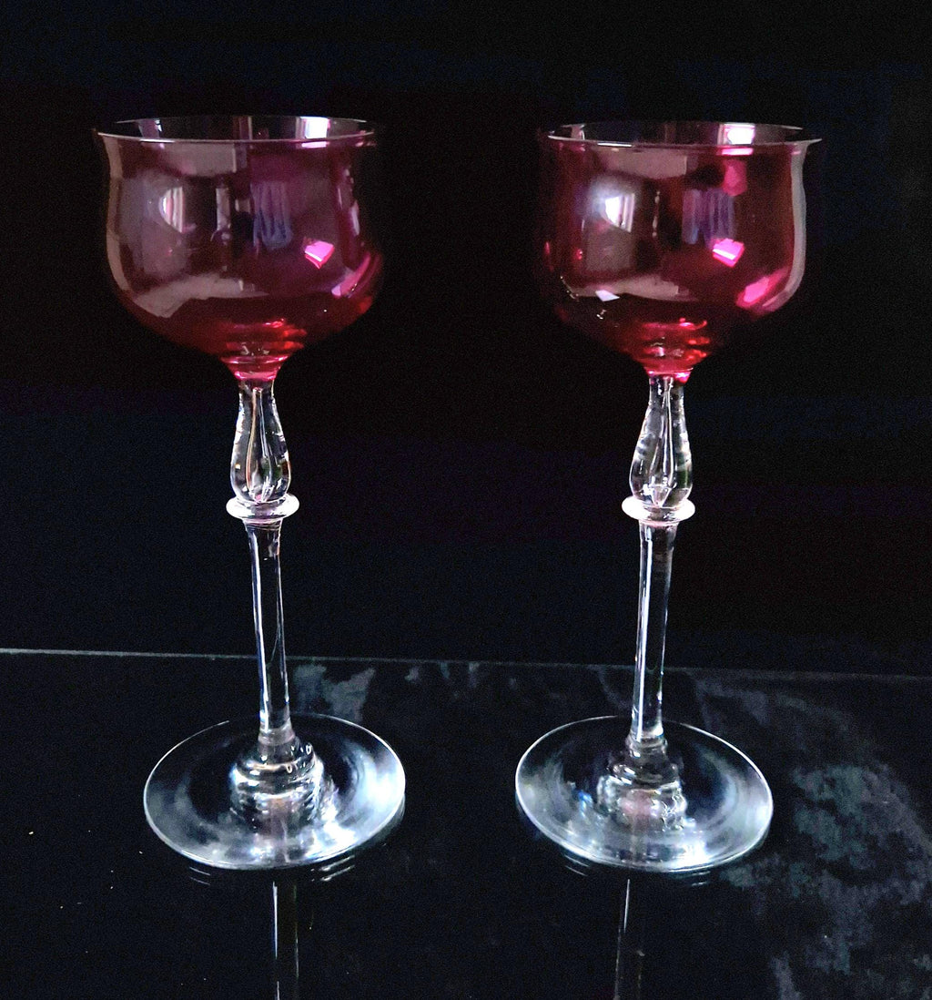 Art Nouveau Cranberry Wine Glasses: French 'Nancy' Airtear Stem, c.1910 (Set of 2)