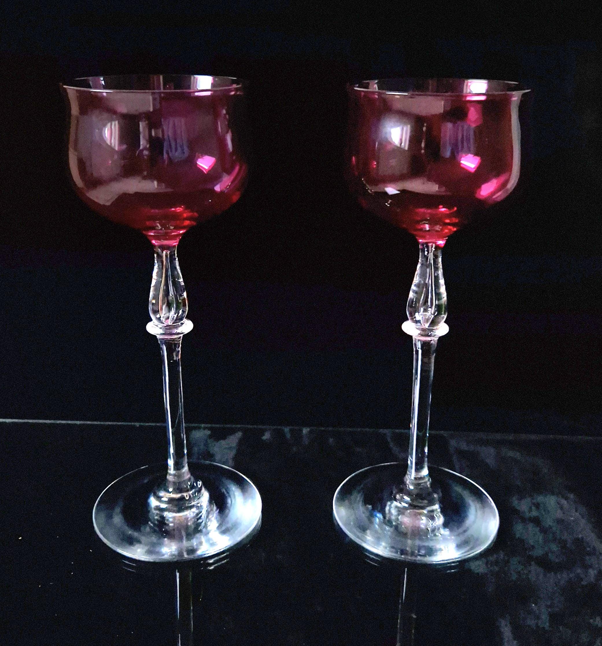 Art Nouveau Cranberry Wine Glasses: French 'Nancy' Airtear Stem, c.1910 (Set of 2)