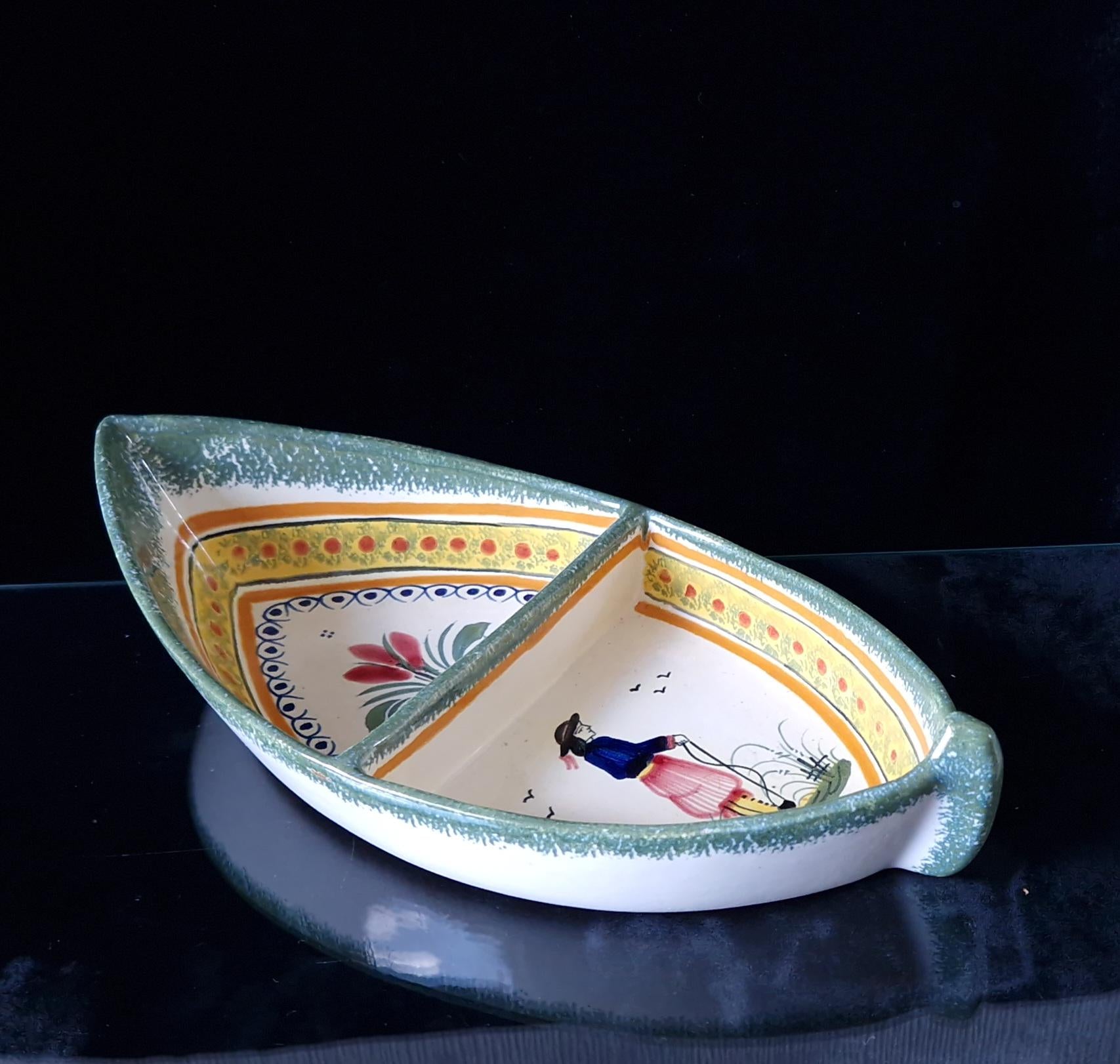 Vintage Henriot Quimper Faience Ceramic Boat Shape Divided Serving Dish