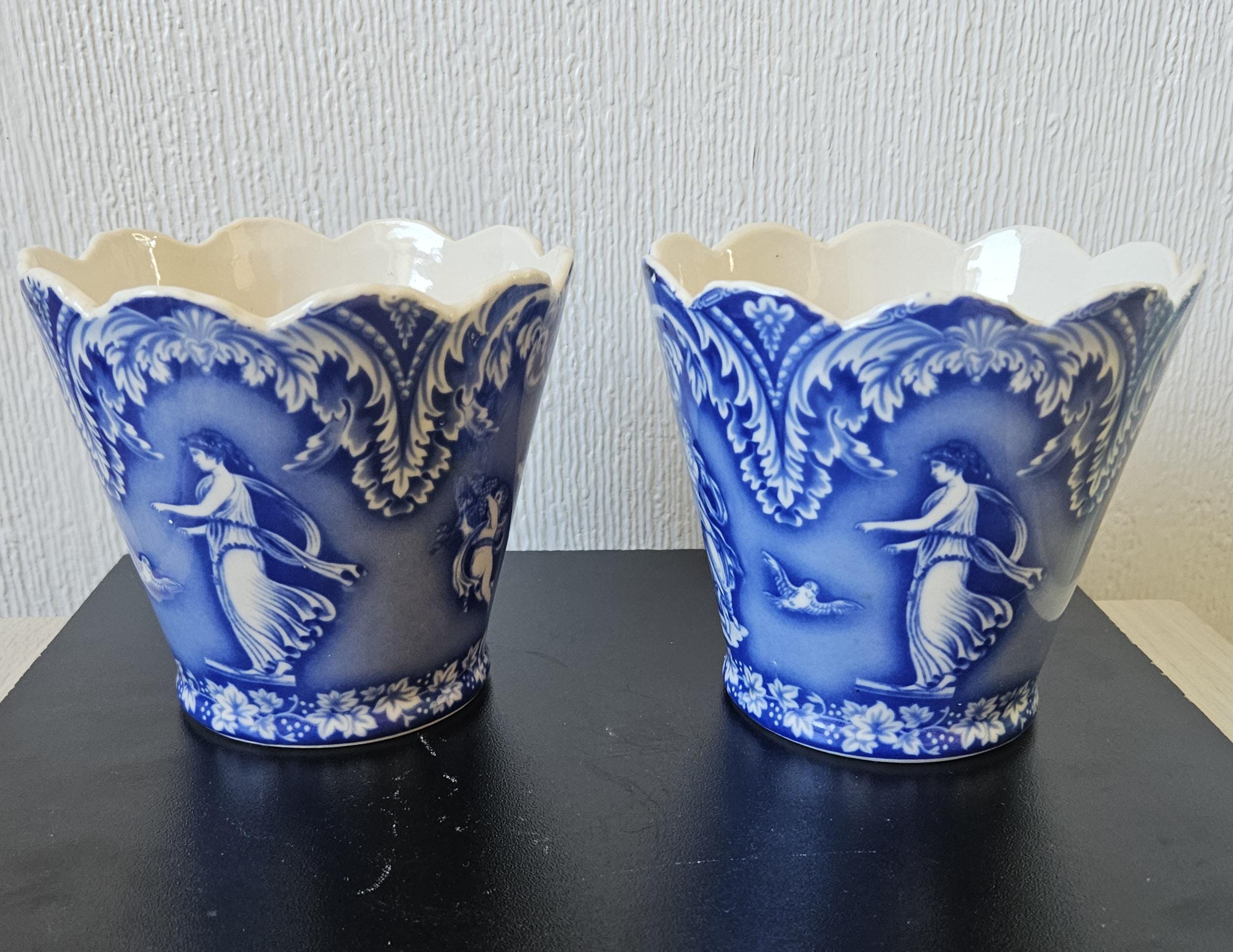Vintage Staffordshire Pottery Planters: Blue & White Neoclassical Scalloped Edge