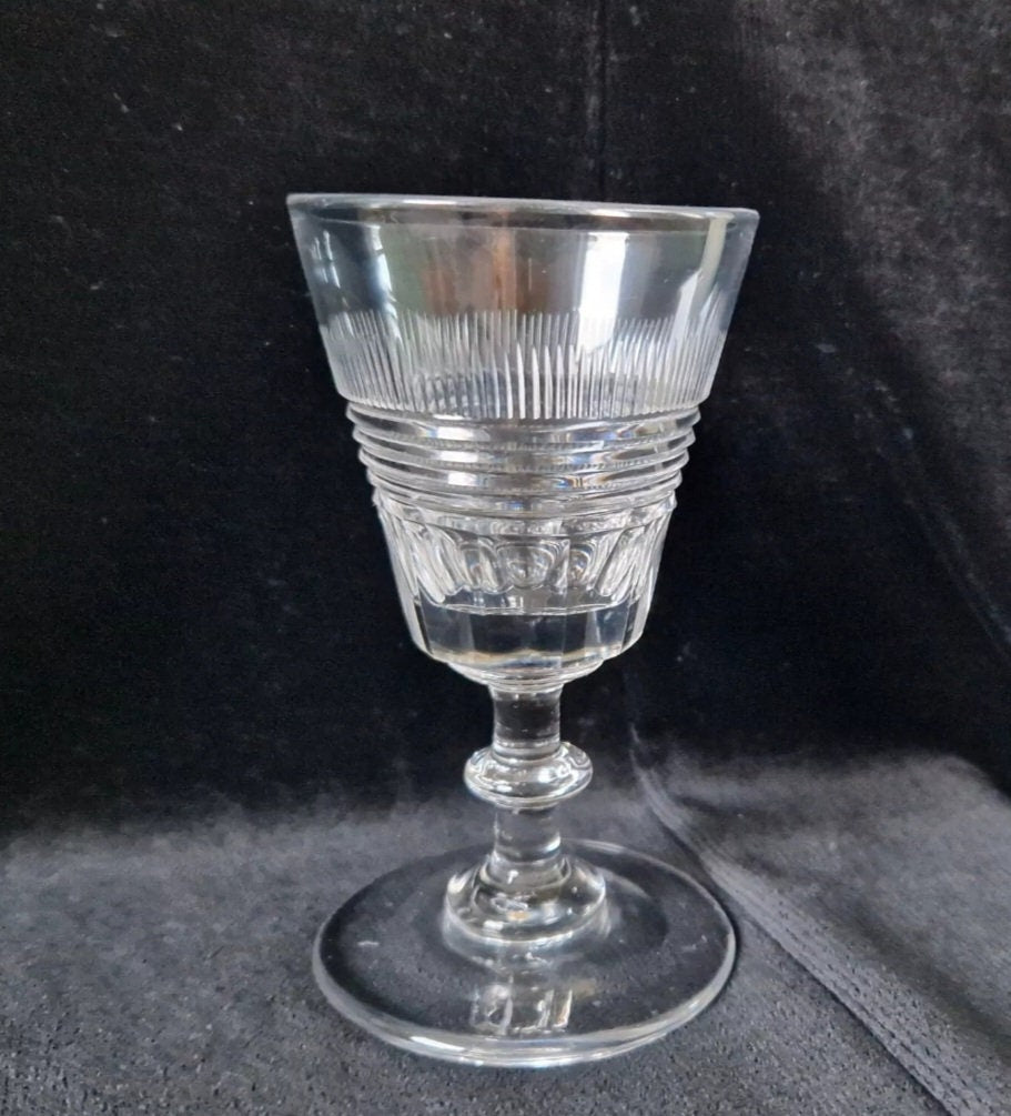 Early 19th C. Wine Glass Slice Blaze & Prism Cut Bowl Medial Blade Knop Stem