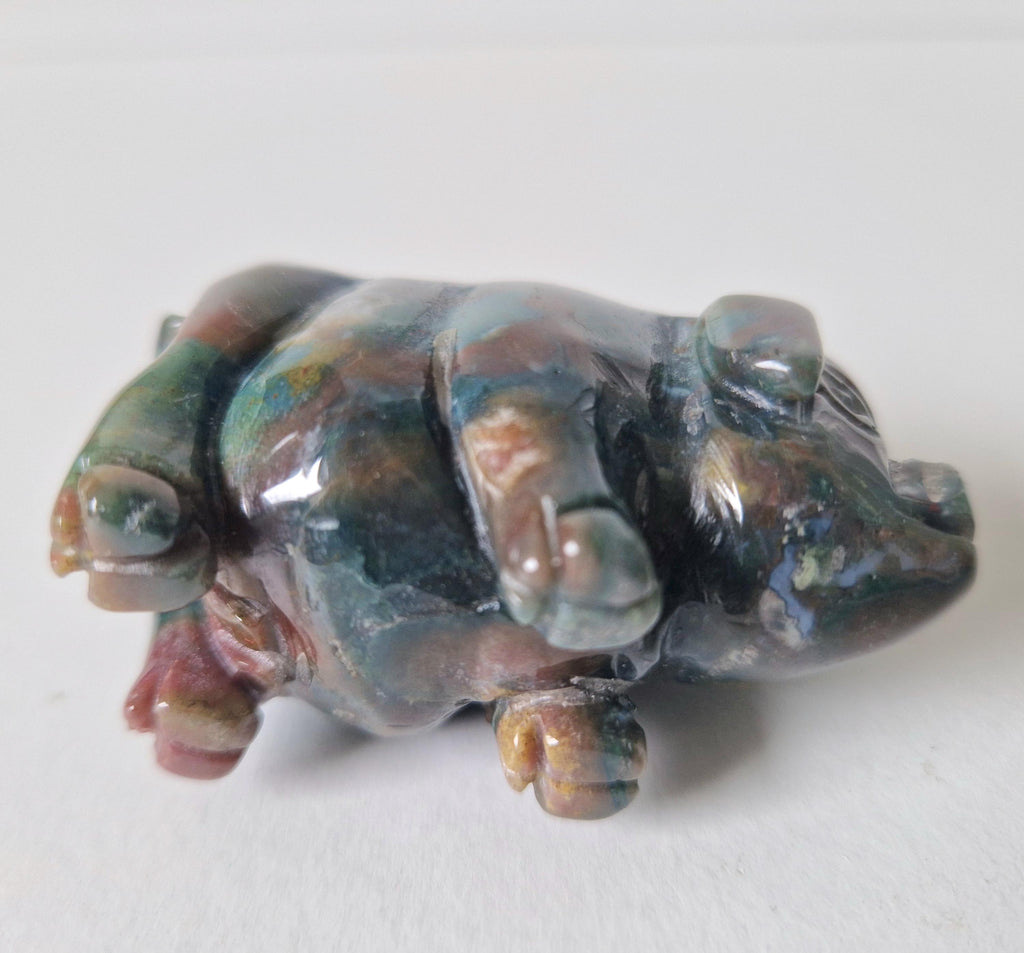 Vintage Fine Carved Moss Agate Standing Pig Figure Ornament 6.3cm