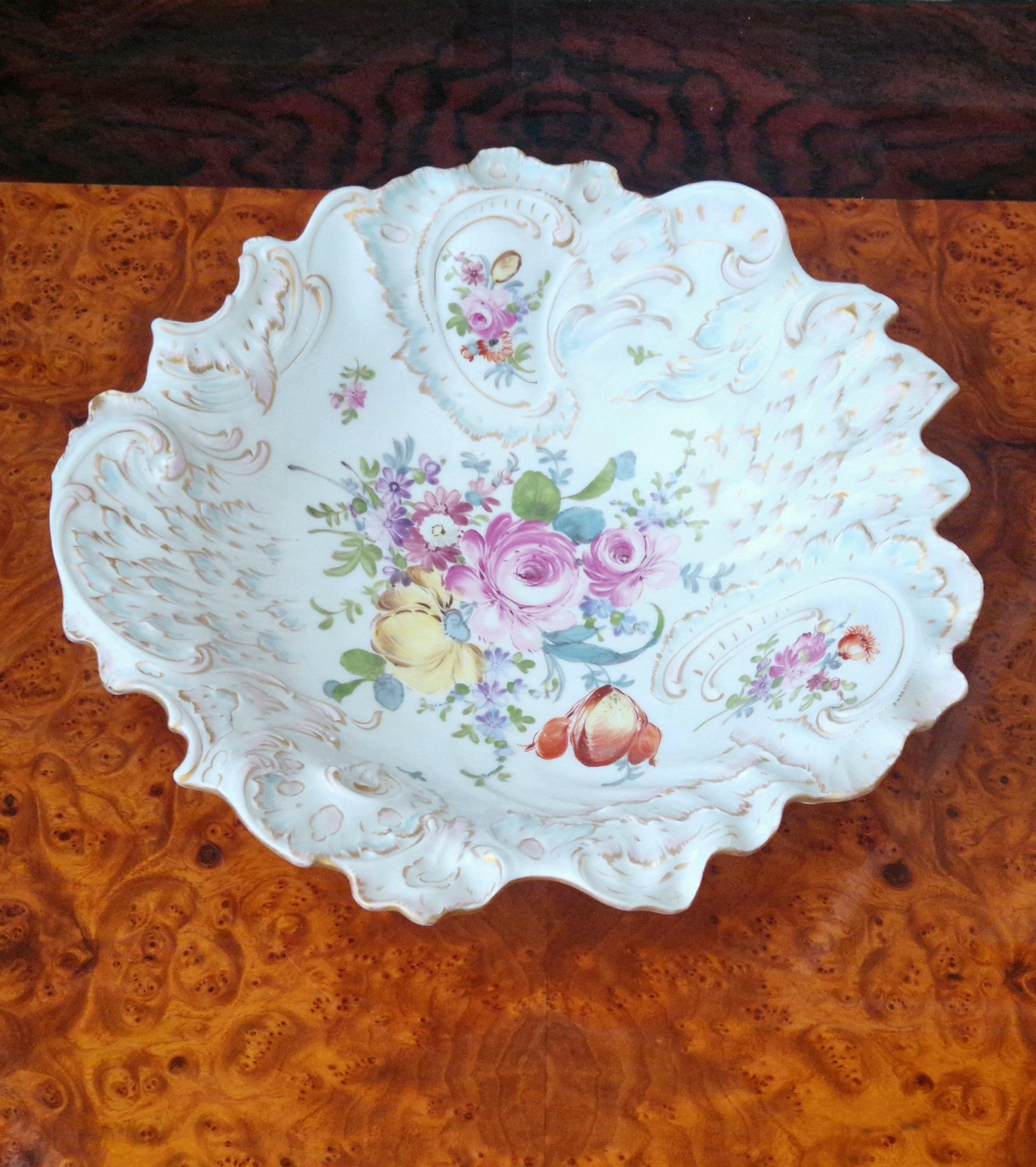 Antique Large 19th C. Dresden Ruffled Edge Rococo Style Floral Gilded Centrepiece Serving Bowl