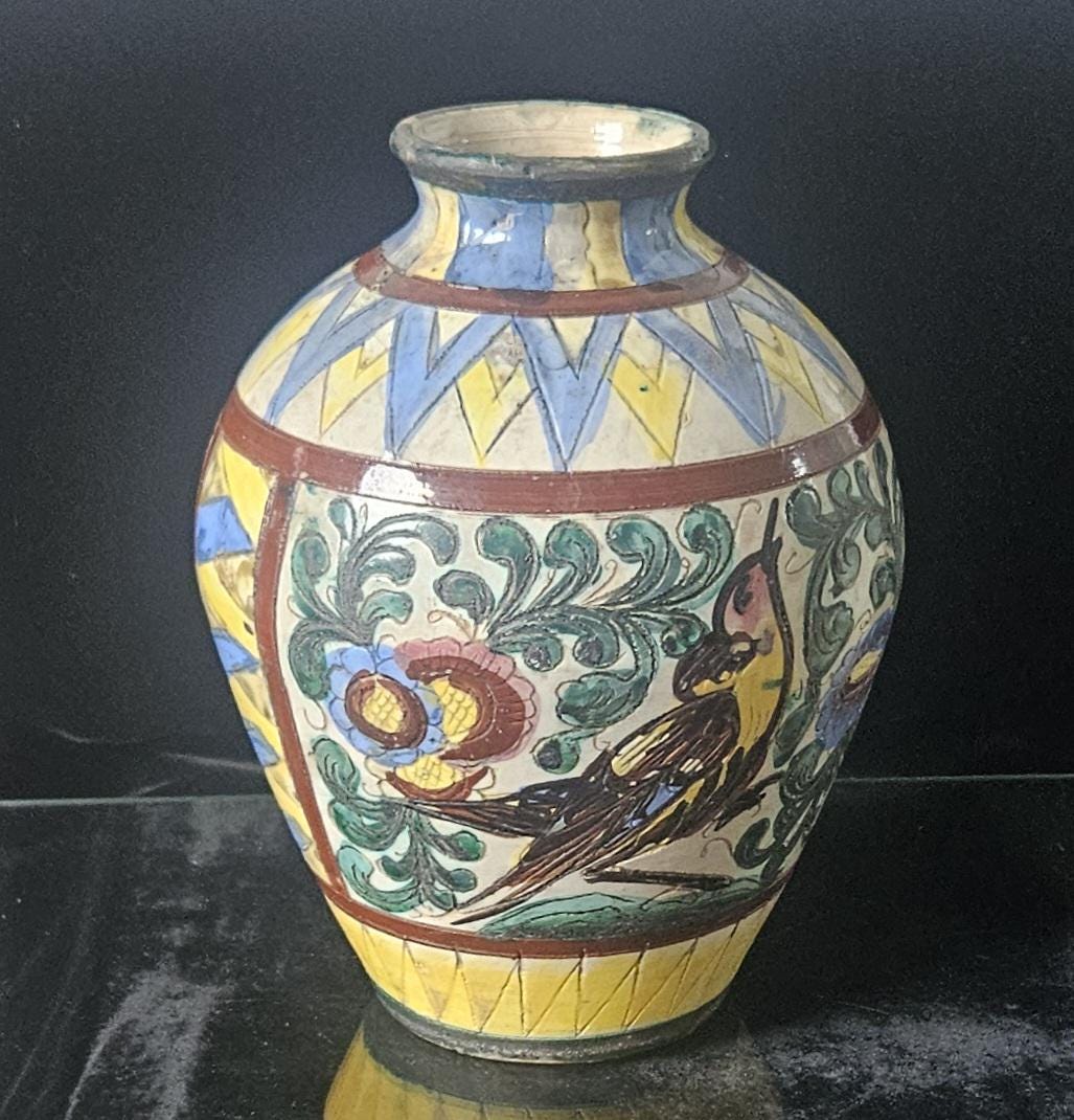 Vintage Italian Handpainted Vase Zulimo Aretini Italy Bird Fauna Design Mid-Century *some Damage 20cm Tall