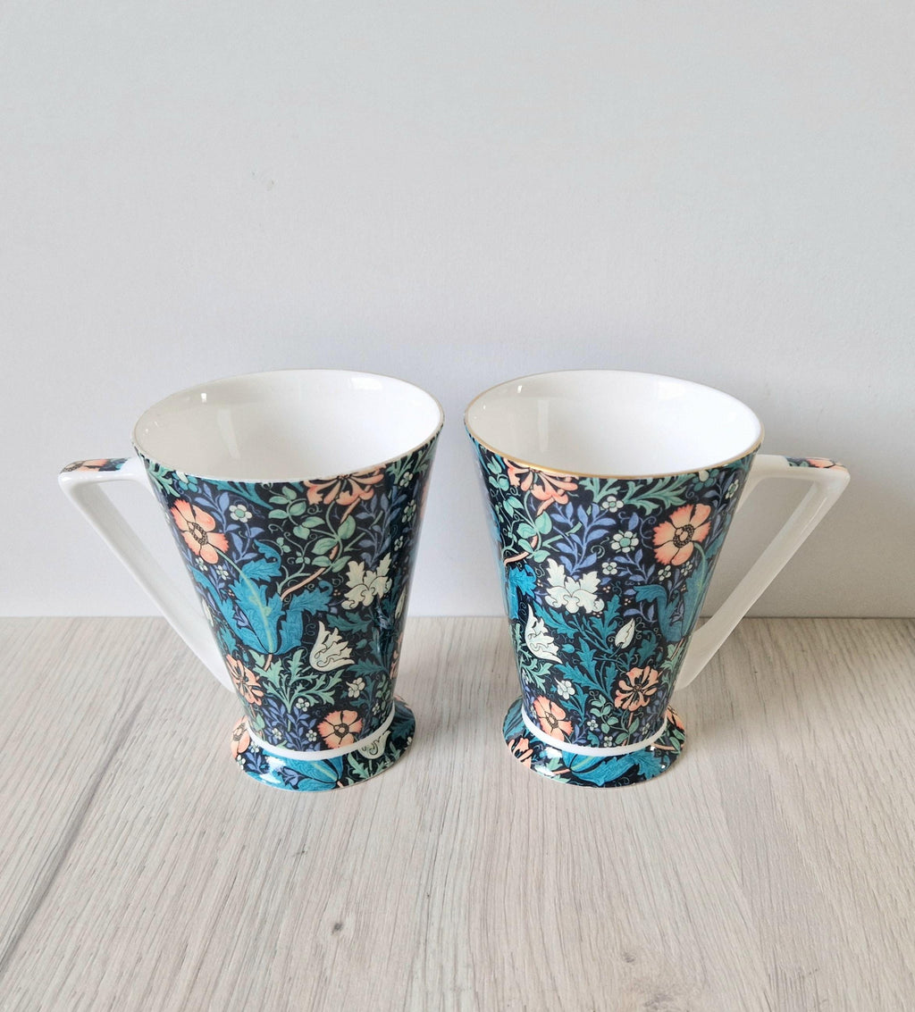 2 x Morris & Co Queens Compton Floral Art Deco Footed Bone China Coffee Mugs