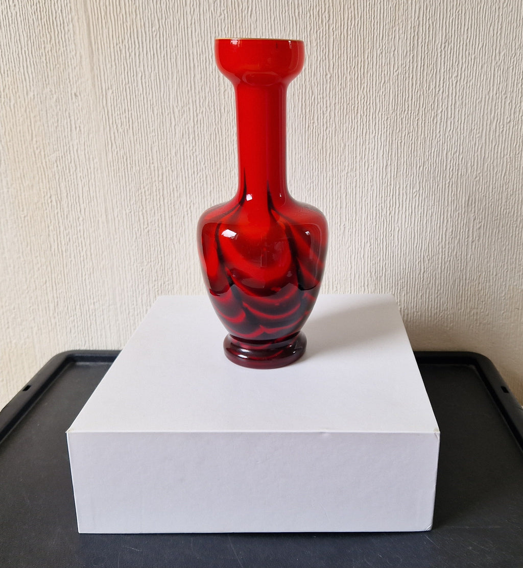 Vintage Striking Carlo Moretti Red & Black Opaline Glass Vase  Mid-Century Florence