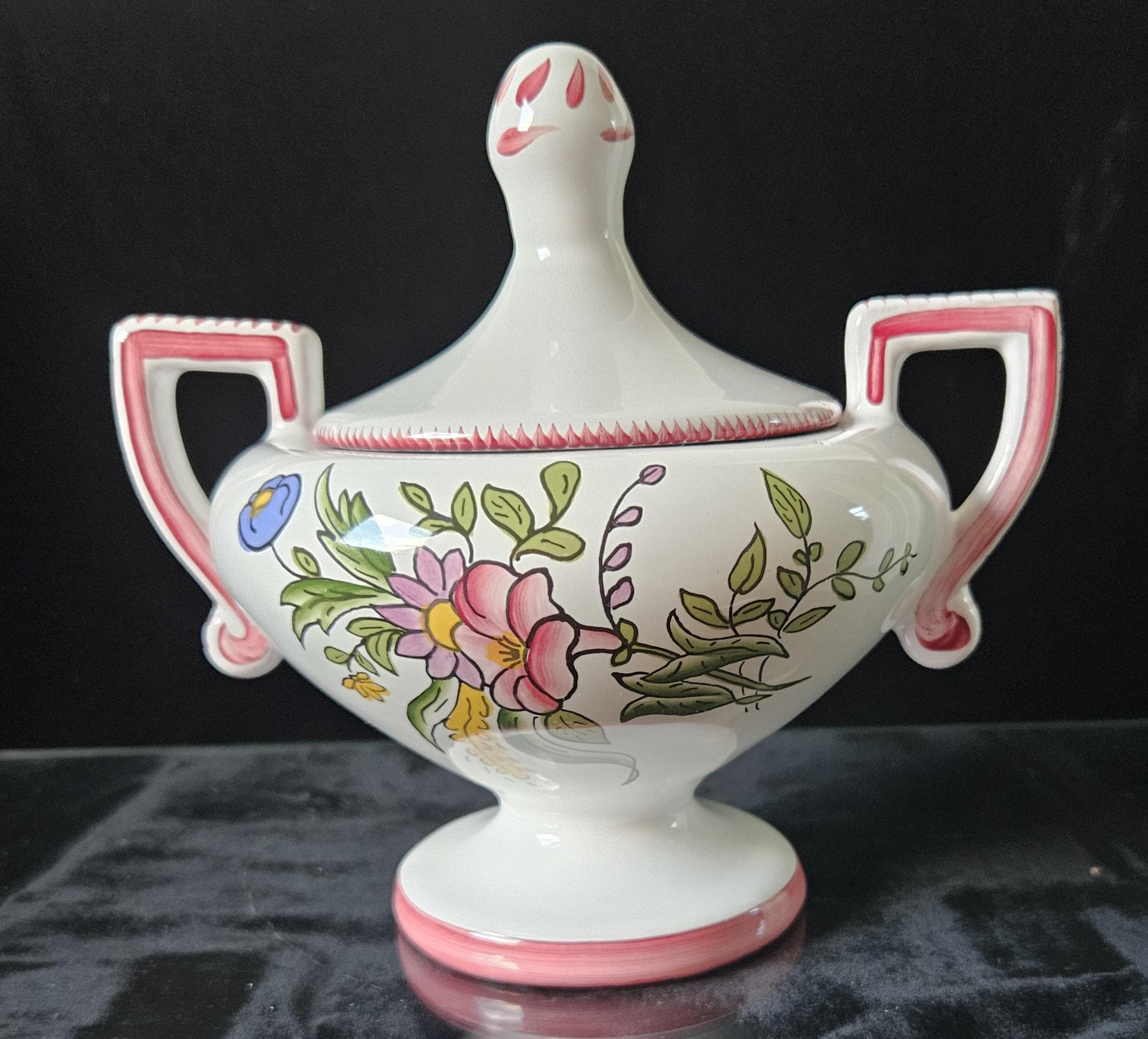 Rare Vintage French Lidded Bonbonniere Lidded Pot with Floral Decorations, signed Roullet Renoleau 18cm Tall