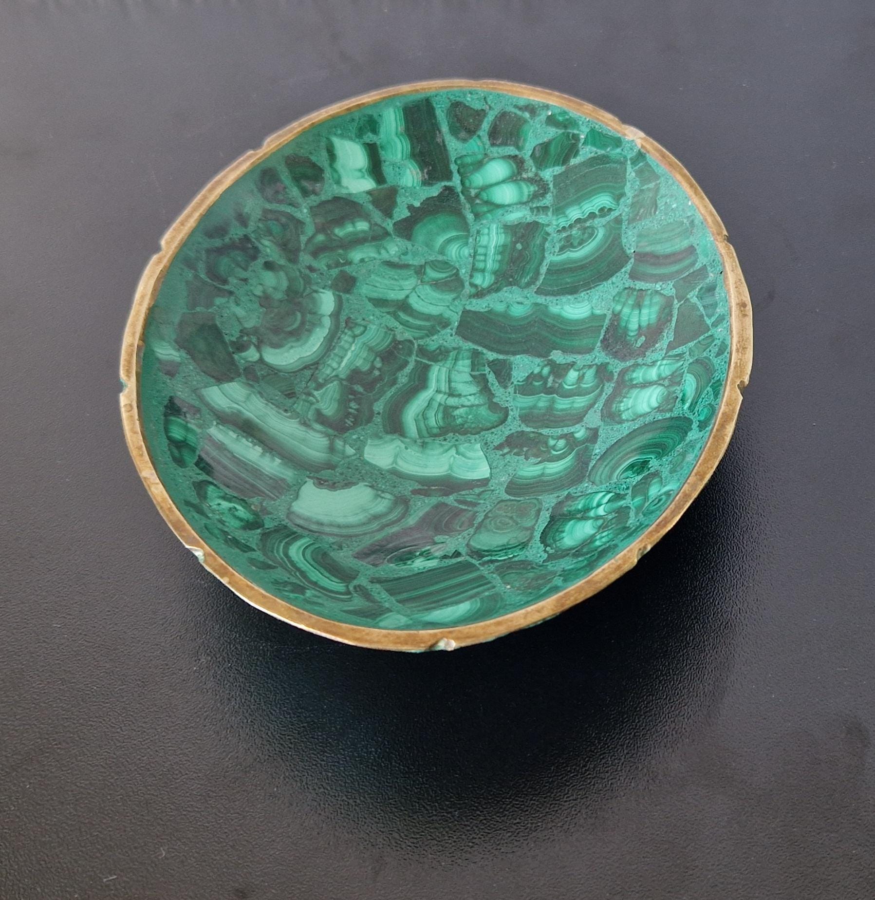Fine Midcentury Malachite & Brass Oval Vide Poche Catch-All Decorative Bowl