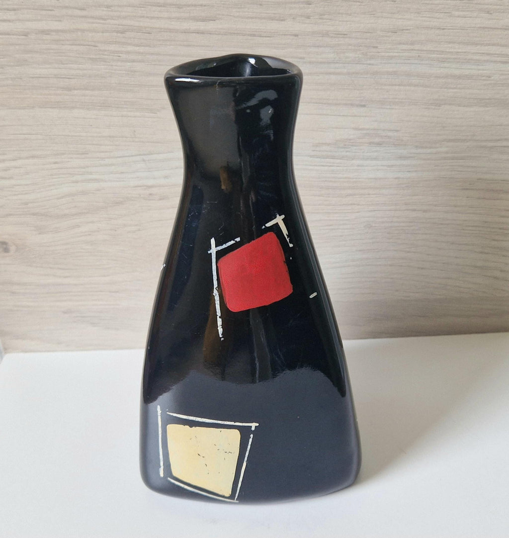 Mid Century West German Handpainted Tri-Form Abstract Black Ceramic Vase 18cm