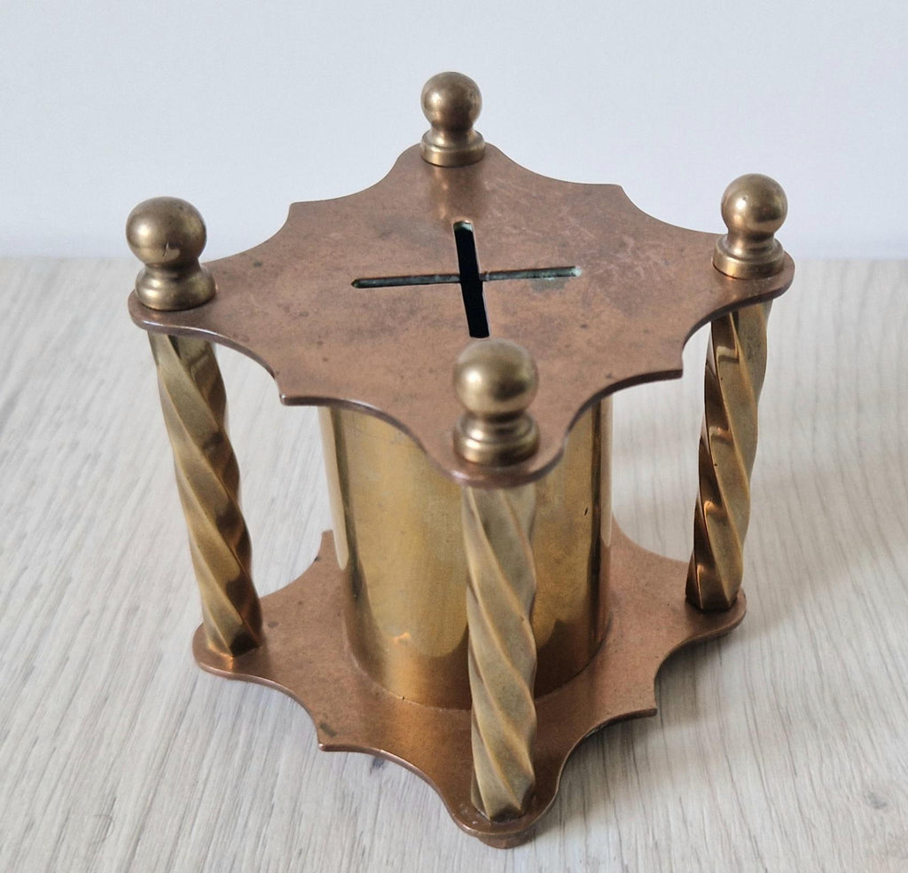 Rare Arts & Crafts Copper And Brass Folk Art Twisted Pillar Desk Money Box