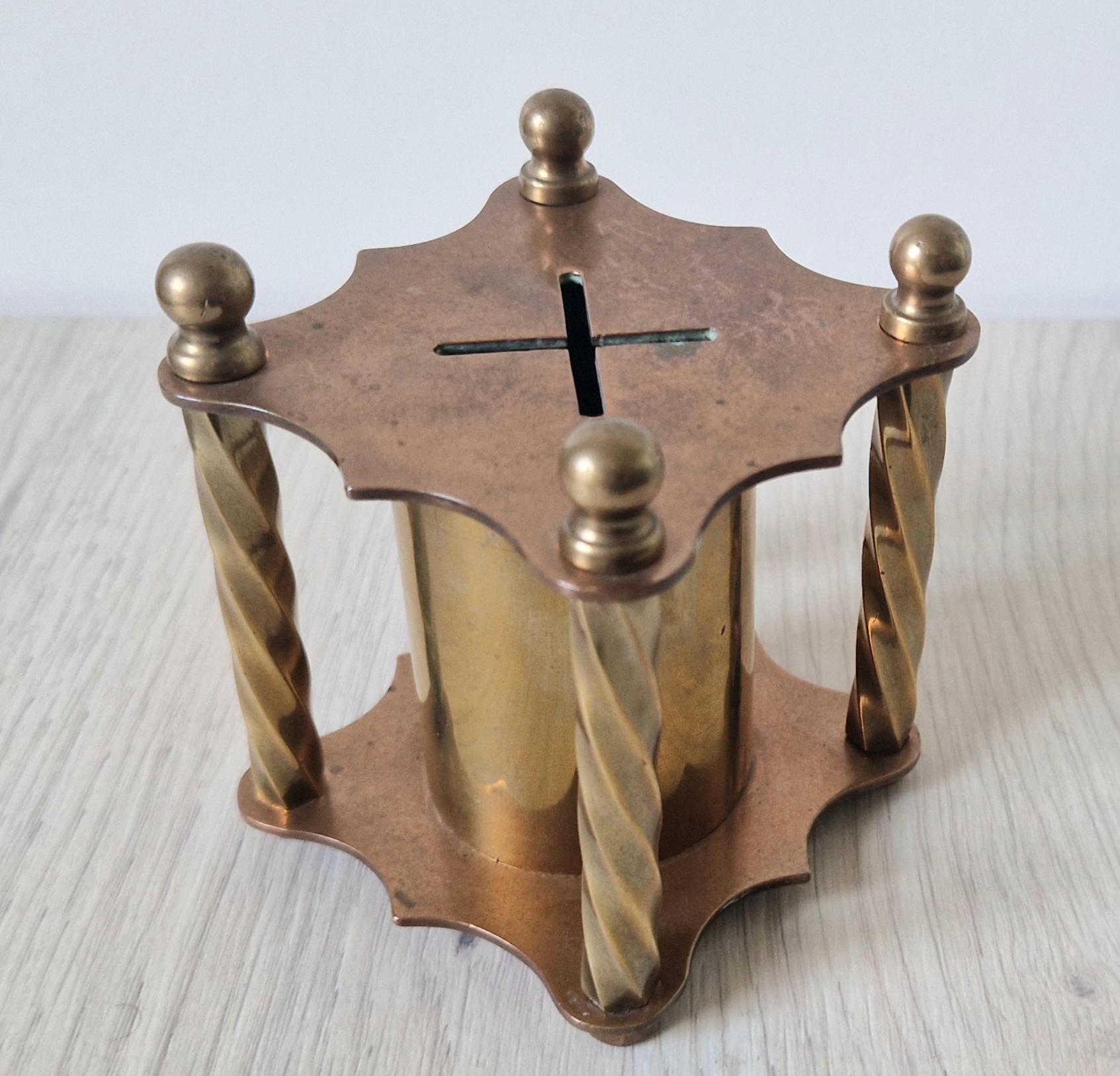 Rare Arts & Crafts Copper And Brass Folk Art Twisted Pillar Desk Money Box