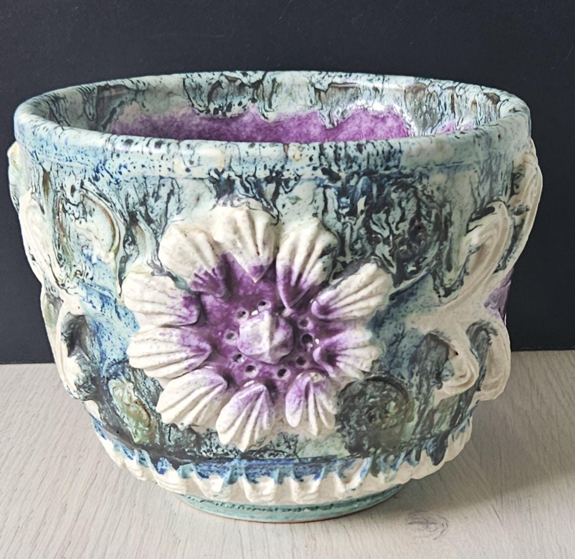 Vintage Large Textured Italian Planter Plant Pot Purple Greens White 14cm Tall X 17cm Diameter