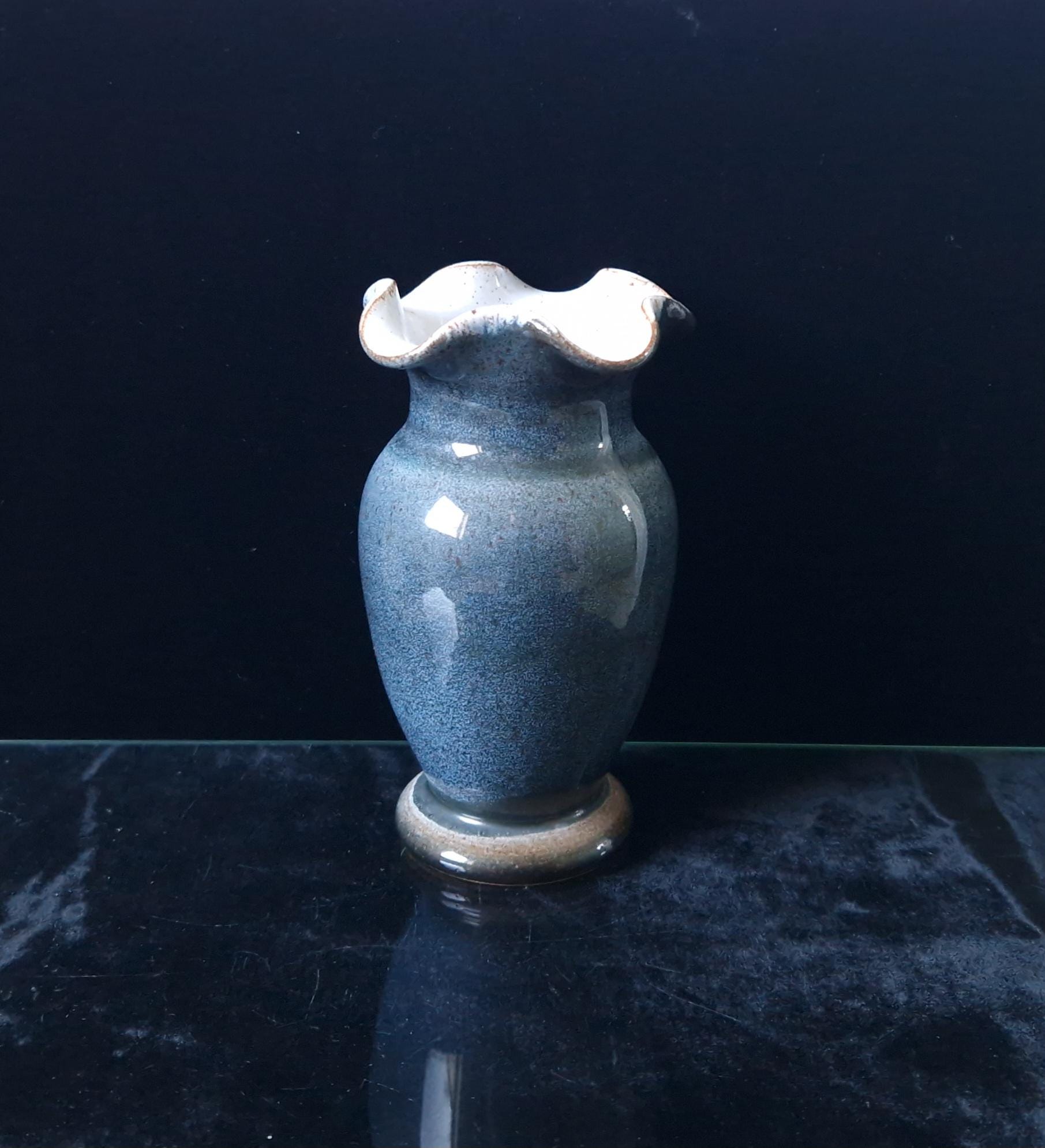 Vintage Blue Grey Glaze Frilled Rim Studio Art Pottery Vase 14.5cm