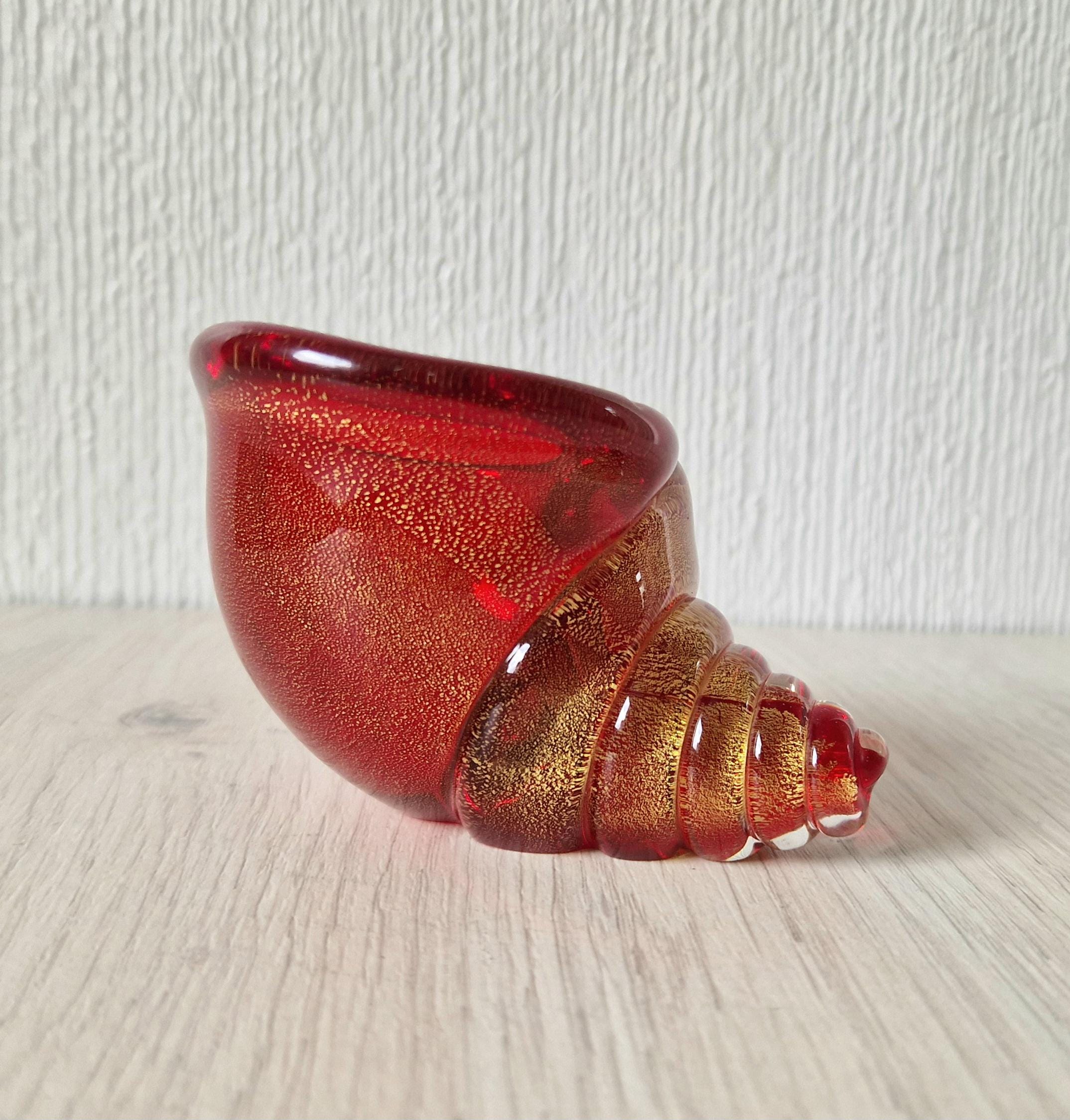 Vintage Archimede Seguso Red & Gold Flake Murano Art Glass Conch Shell Ornament 1950's