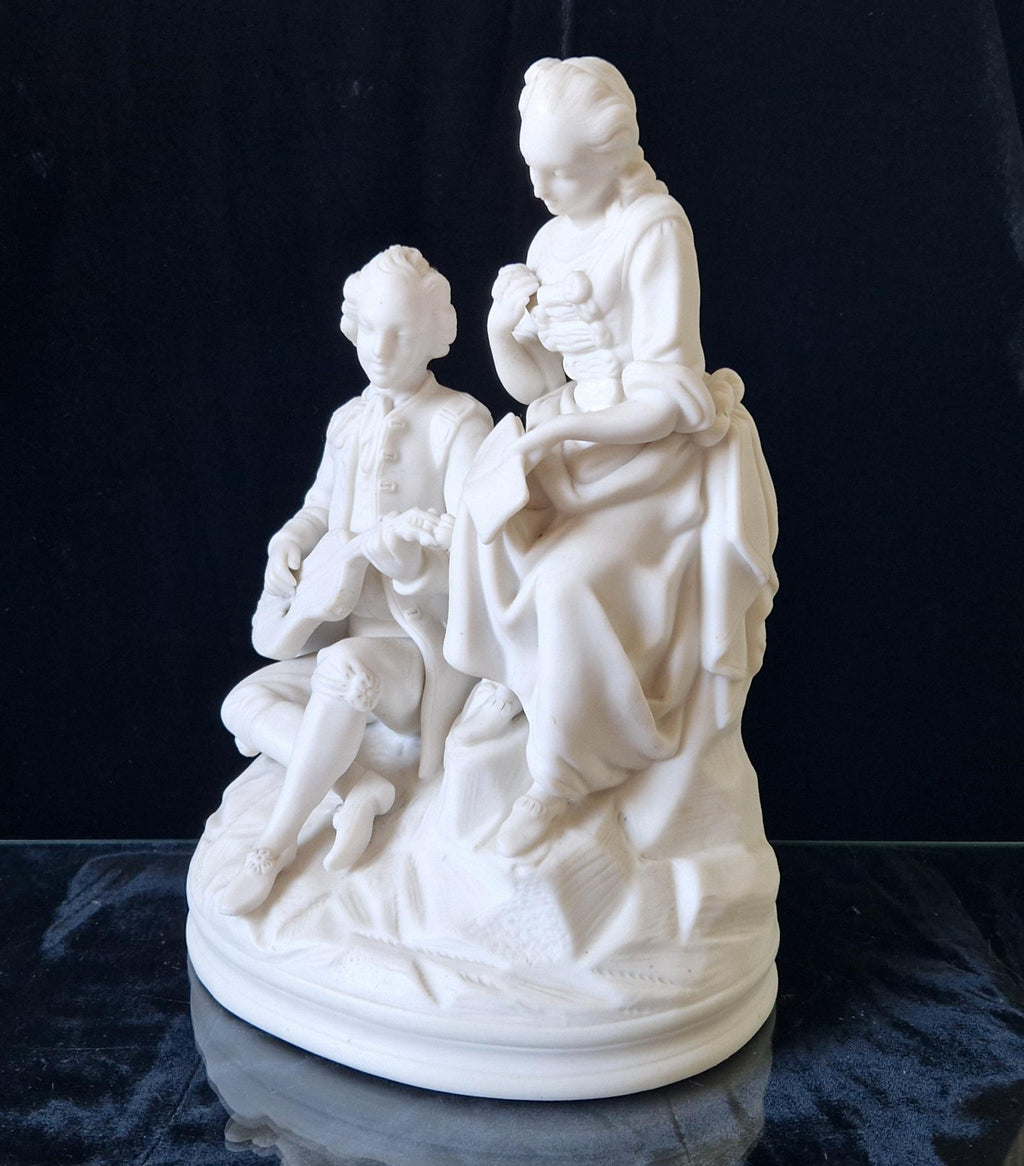Antique Parian Ware Figural Group Young Lovers With Guitar & Music Book On Plinth