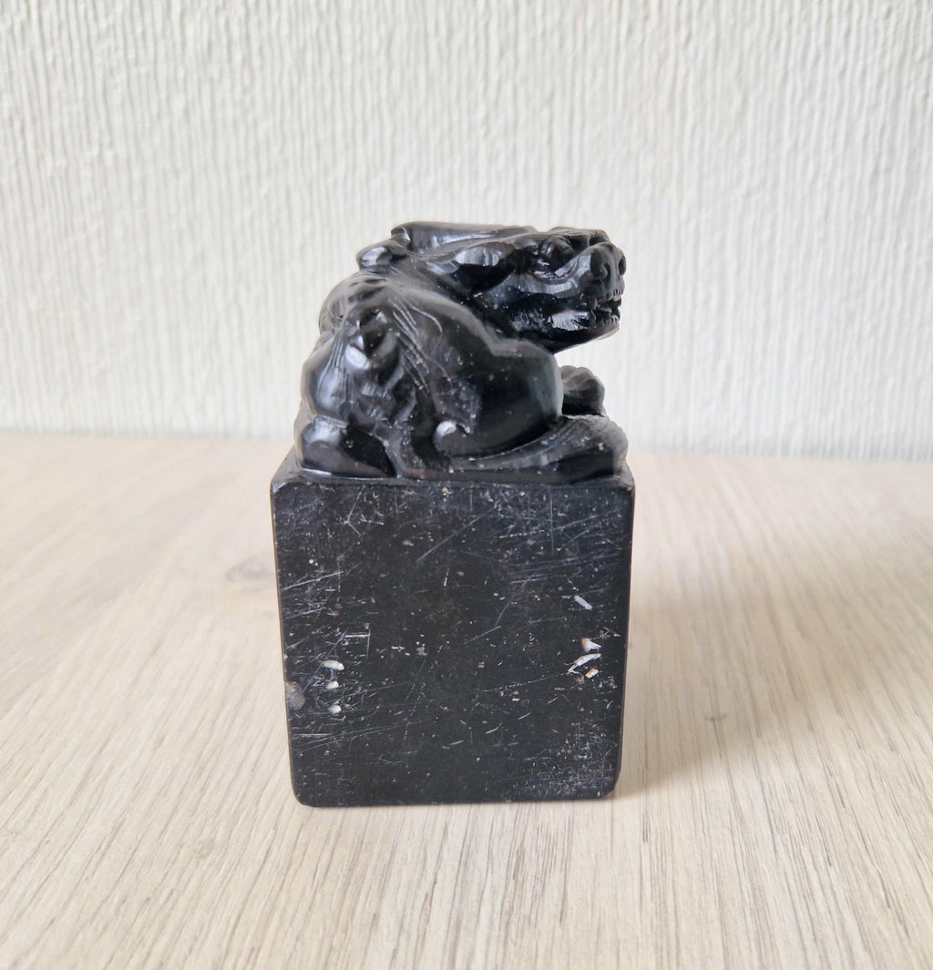 Antique Carved Black Hardstone Foo Dog Chinese Chop Block Seal 8.5cm