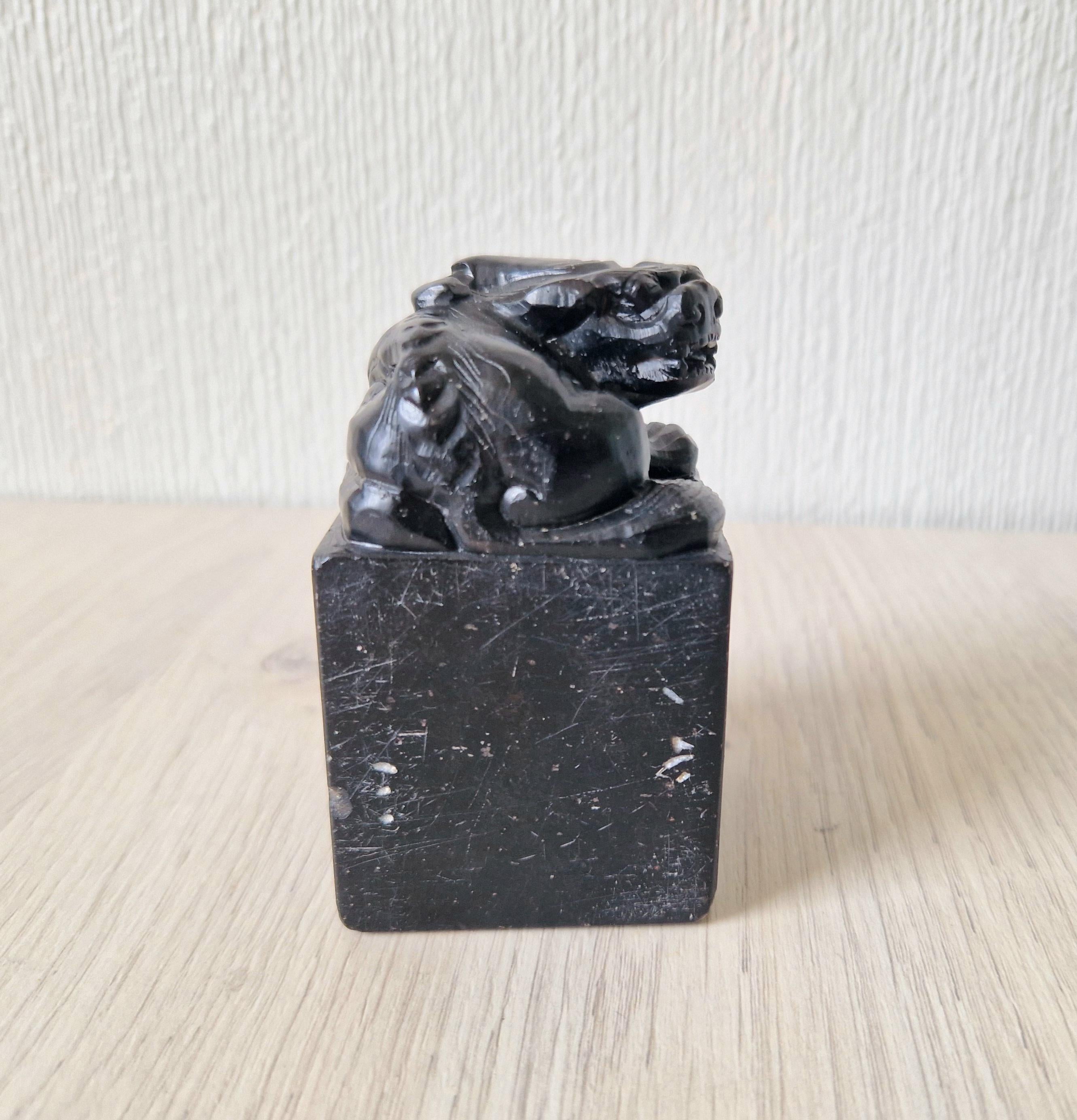 Antique Carved Black Hardstone Foo Dog Chinese Chop Block Seal 8.5cm