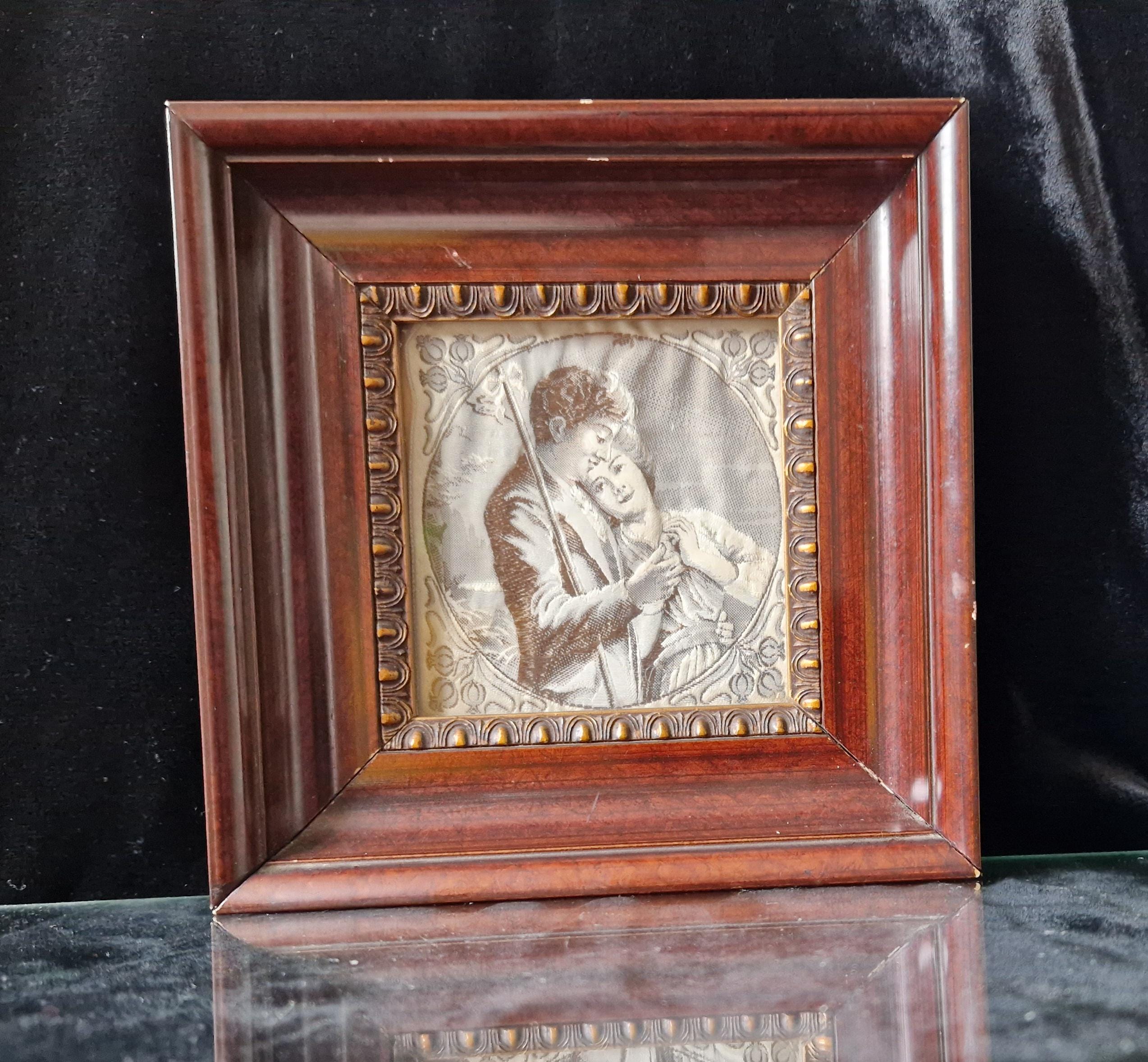 Fine Victorian Woven Silk Framed & Mounted Miniature Artwork 'Rural Lovers' Very Rare.
