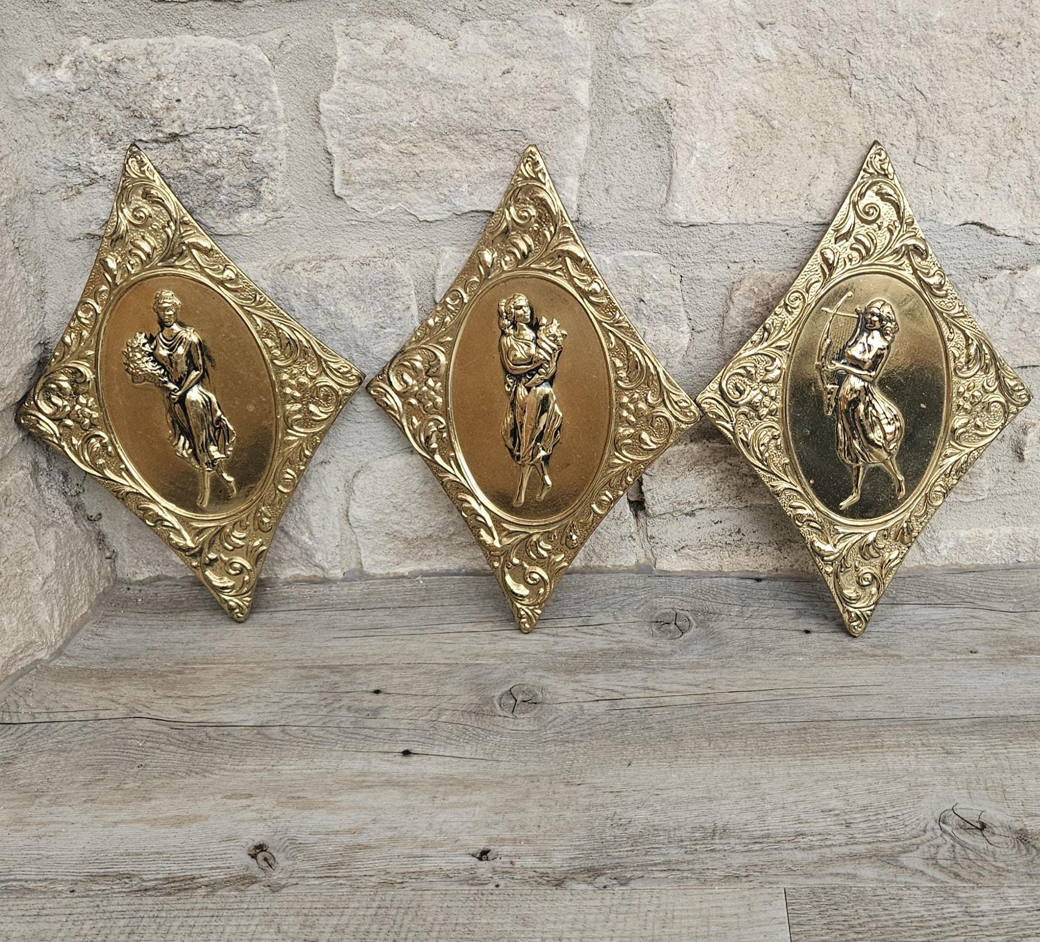 Vintage Set of 3 Brass Wall Decor, Diamond Shaped Repousse Women Brass Wall Plaques, Elpec Made in England Hollywood Regency