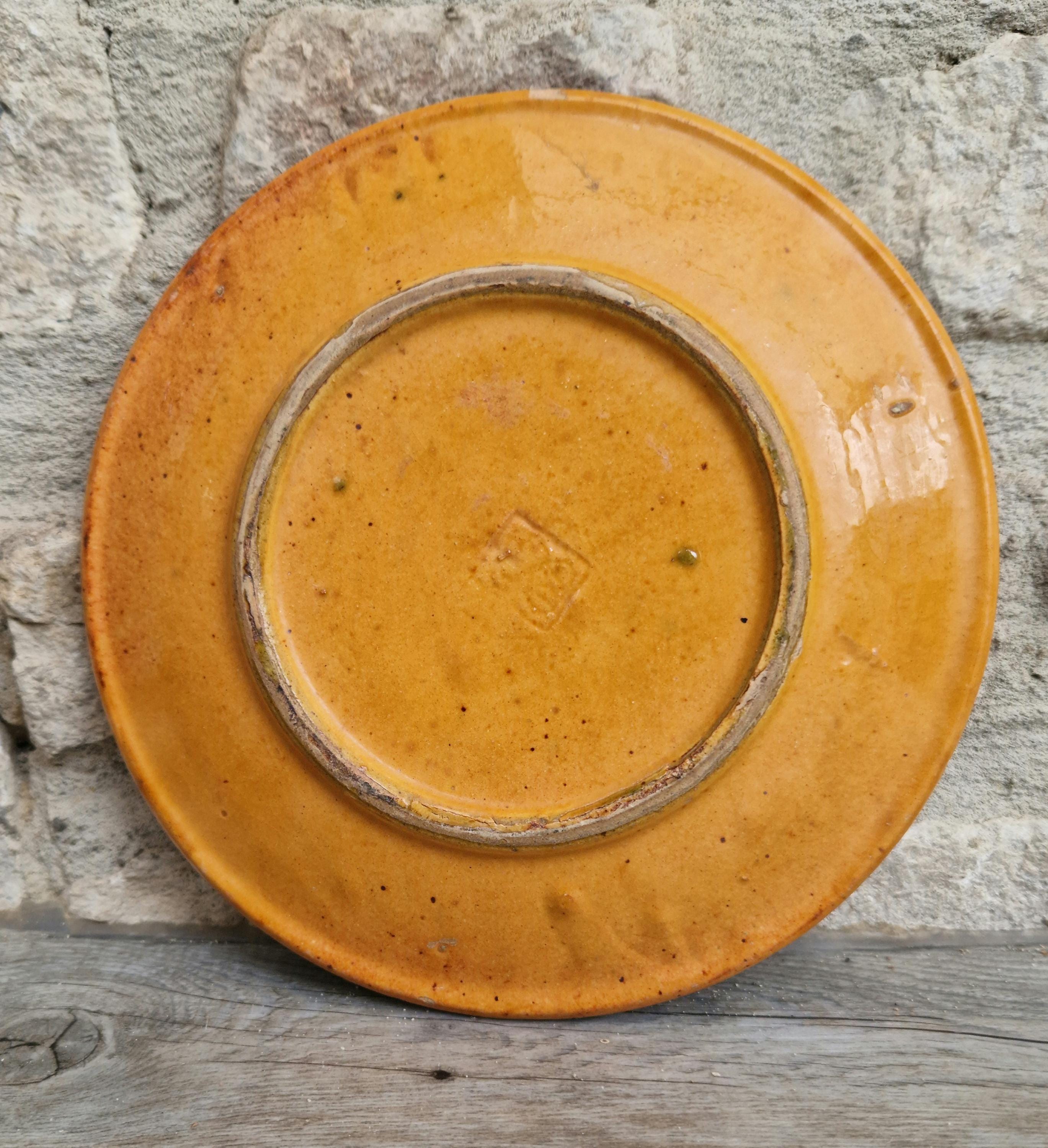 Vintage French Rustic BIOT Ceramic Ornate Design Motif Yellow Glaze Dessert Plate