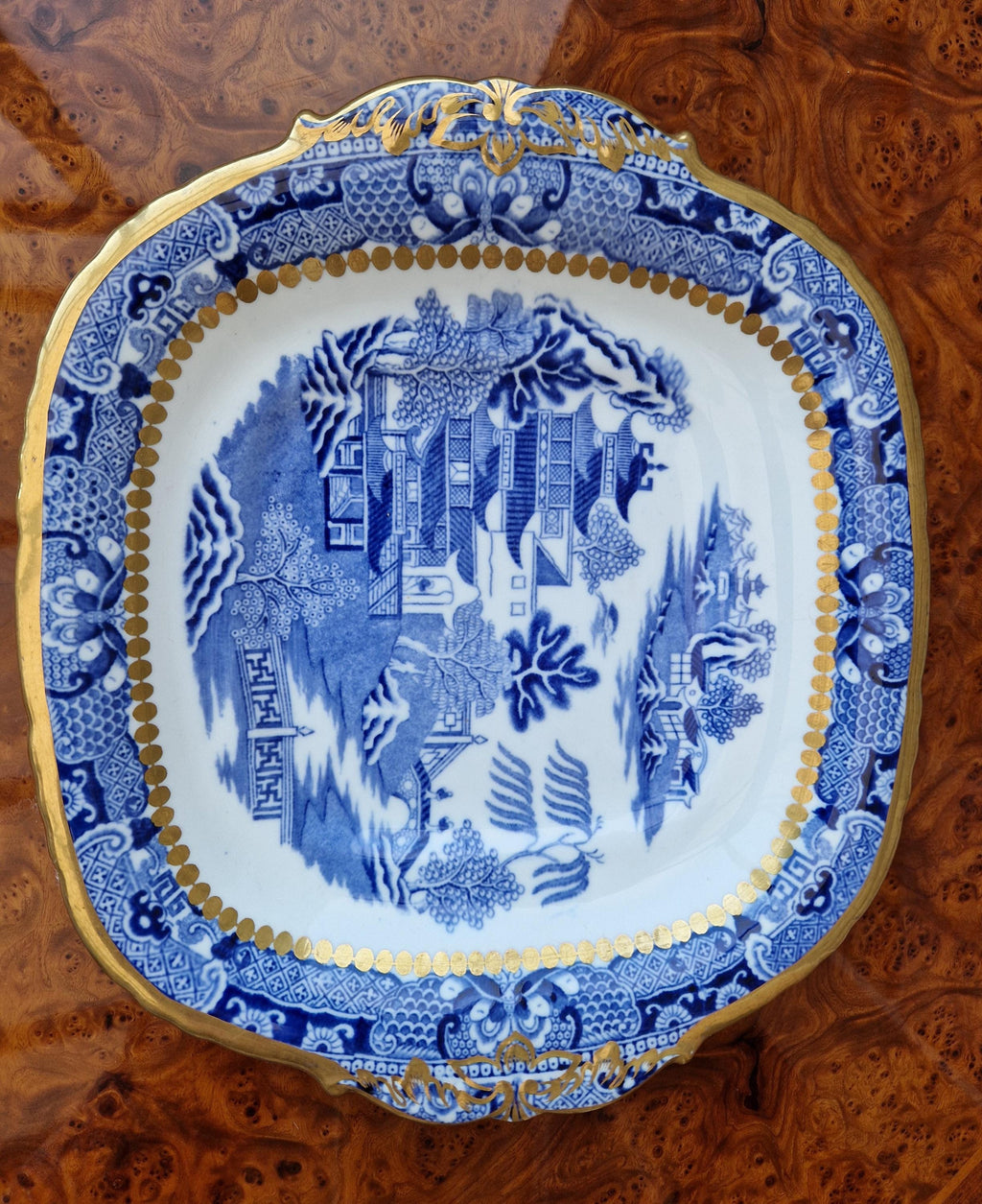 Davenport Longport England Blue & White Gilt Two Temples Porcelain Handle Platter c.1870-1886