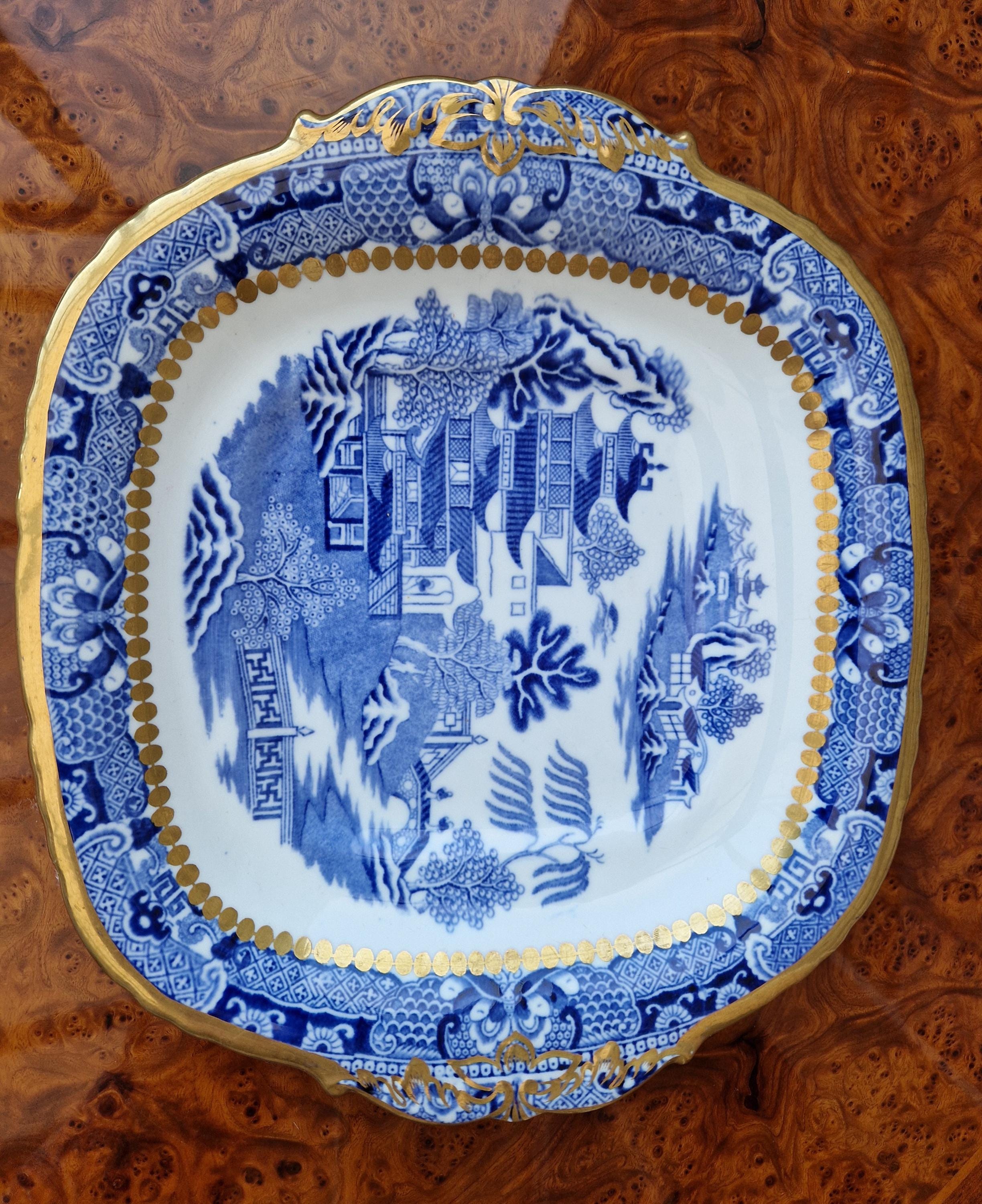 Davenport Longport England Blue & White Gilt Two Temples Porcelain Handle Platter c.1870-1886