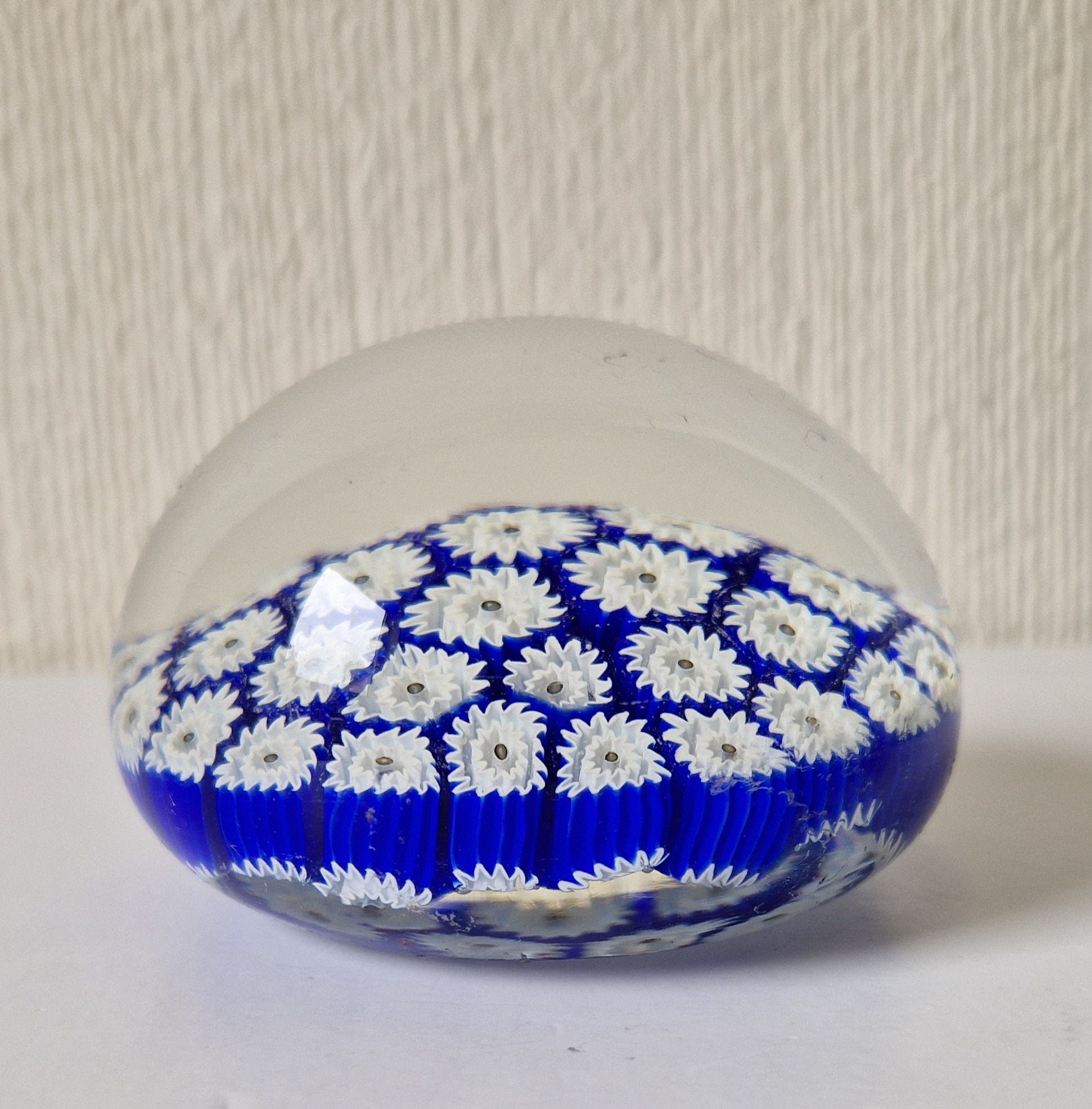 ALT Studio Murano Glass Deep Blue & White Star Flower Millifiore Paperweight