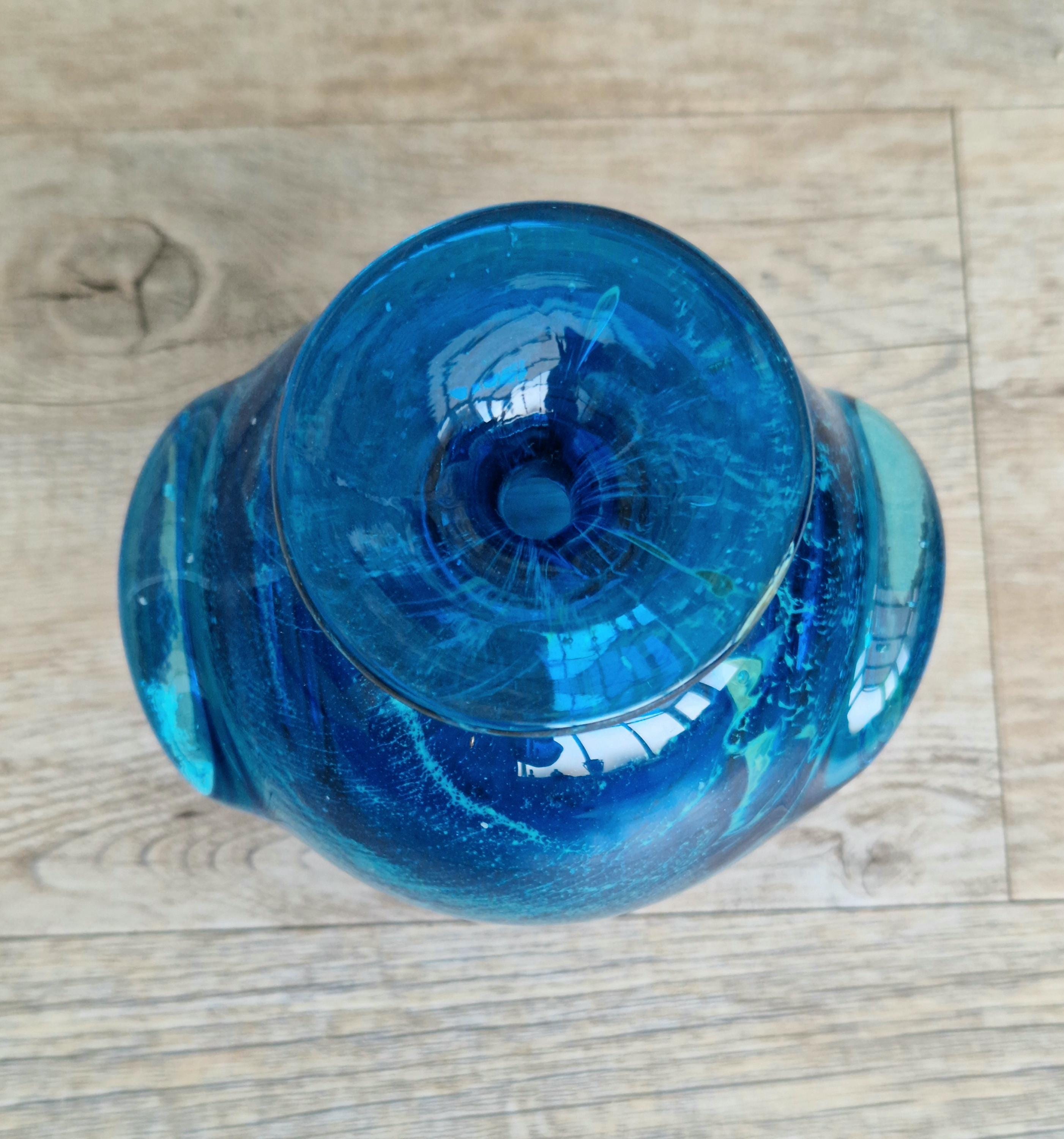 Vintage 1970s Blue Art Glass Vase Turquoise Sea Sand 15cm Tall Mdina Malta Ornate Art Glass Vase 1.308 Grams