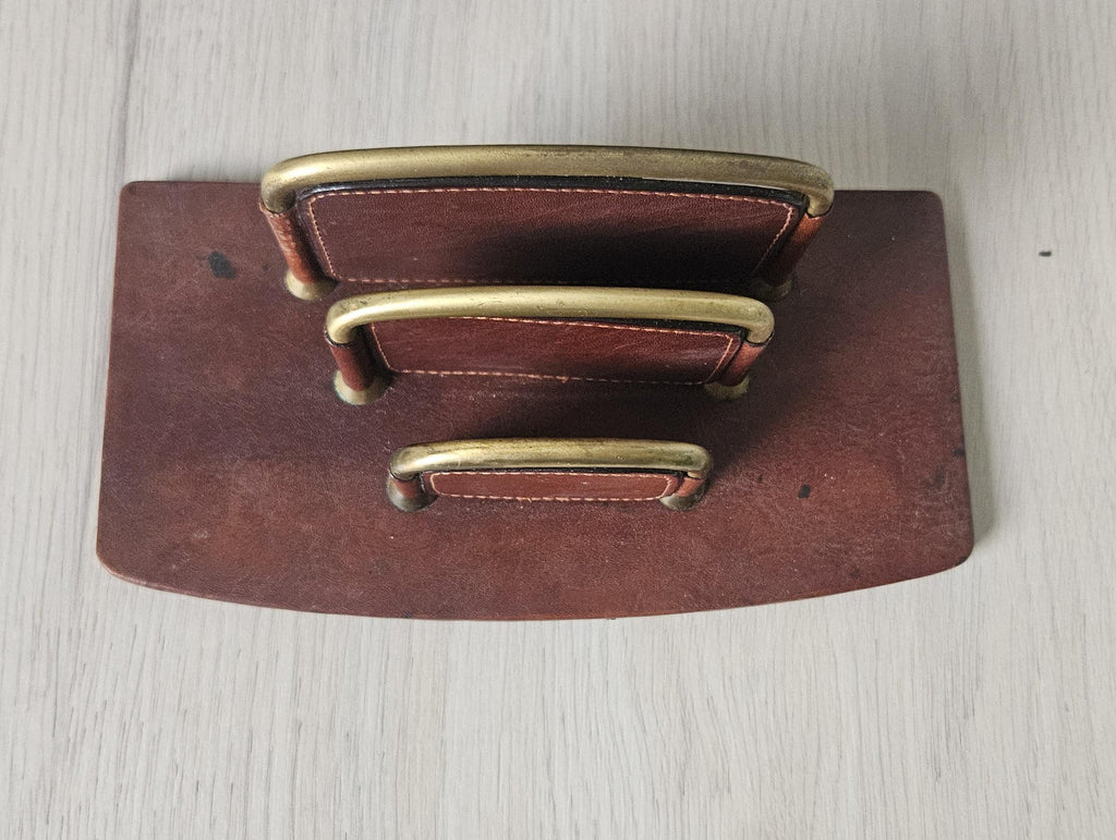 Vintage TONY PEROTTI Italian Leather Letter Rack Chestnut Brown Leather *Some Marks