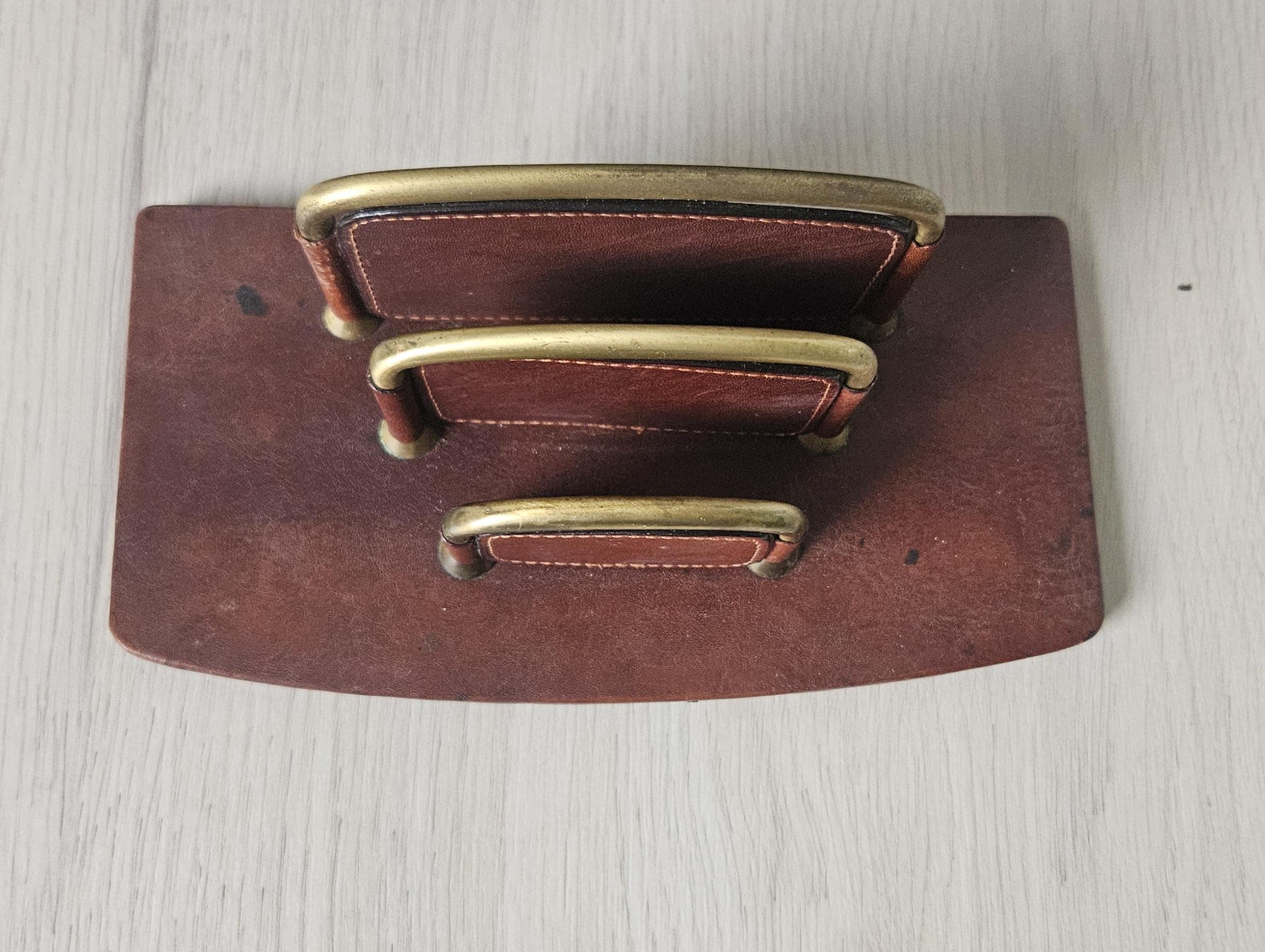 Vintage TONY PEROTTI Italian Leather Letter Rack Chestnut Brown Leather *Some Marks