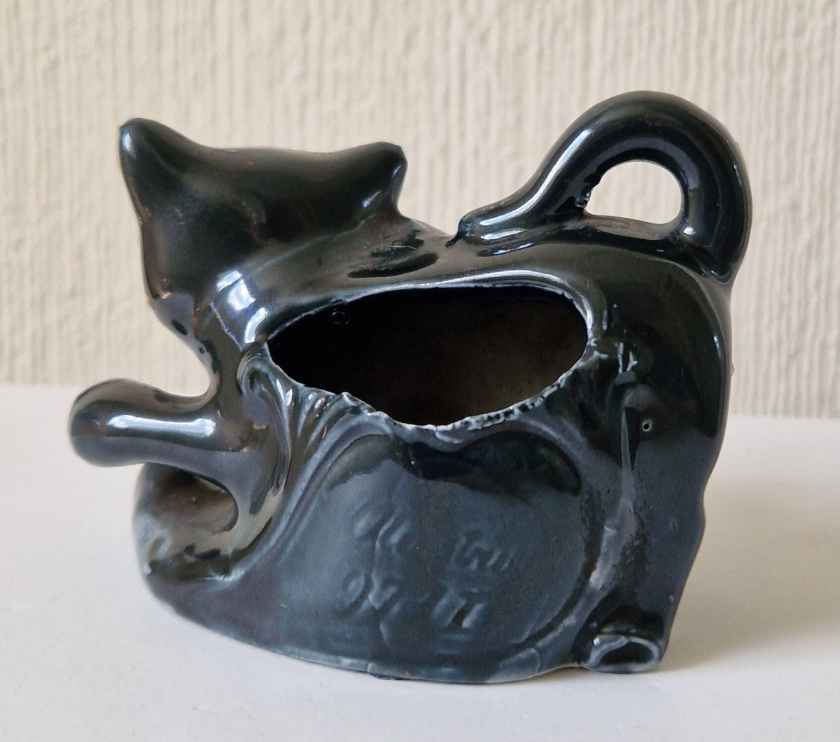 Rare Antique Glazed Pottery Dog Table Match Holder Strike Underglaze Inscription