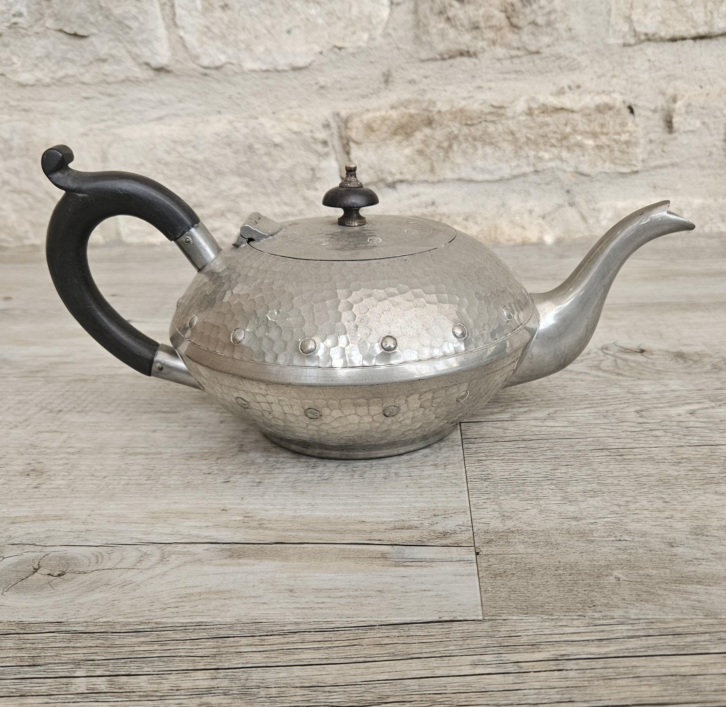 Vintage Arts and Crafts Hammered Pewter Teapot England Collectible British 1920s