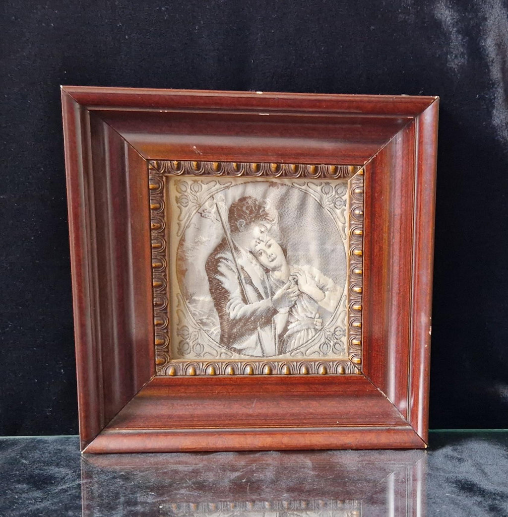 Fine Victorian Woven Silk Framed & Mounted Miniature Artwork 'Rural Lovers' Very Rare.